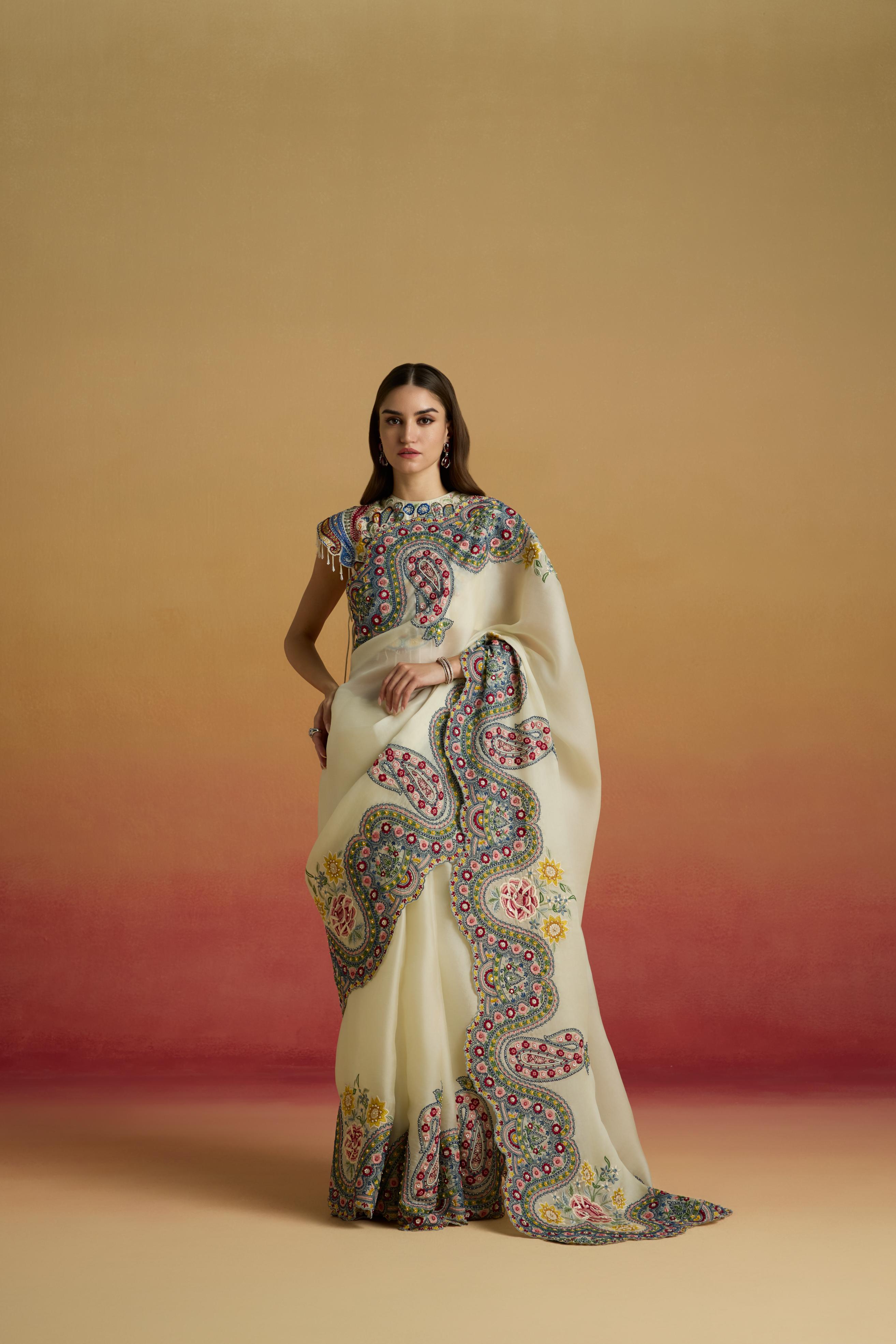 IVORY CORDWORK PAISLEY SAREE