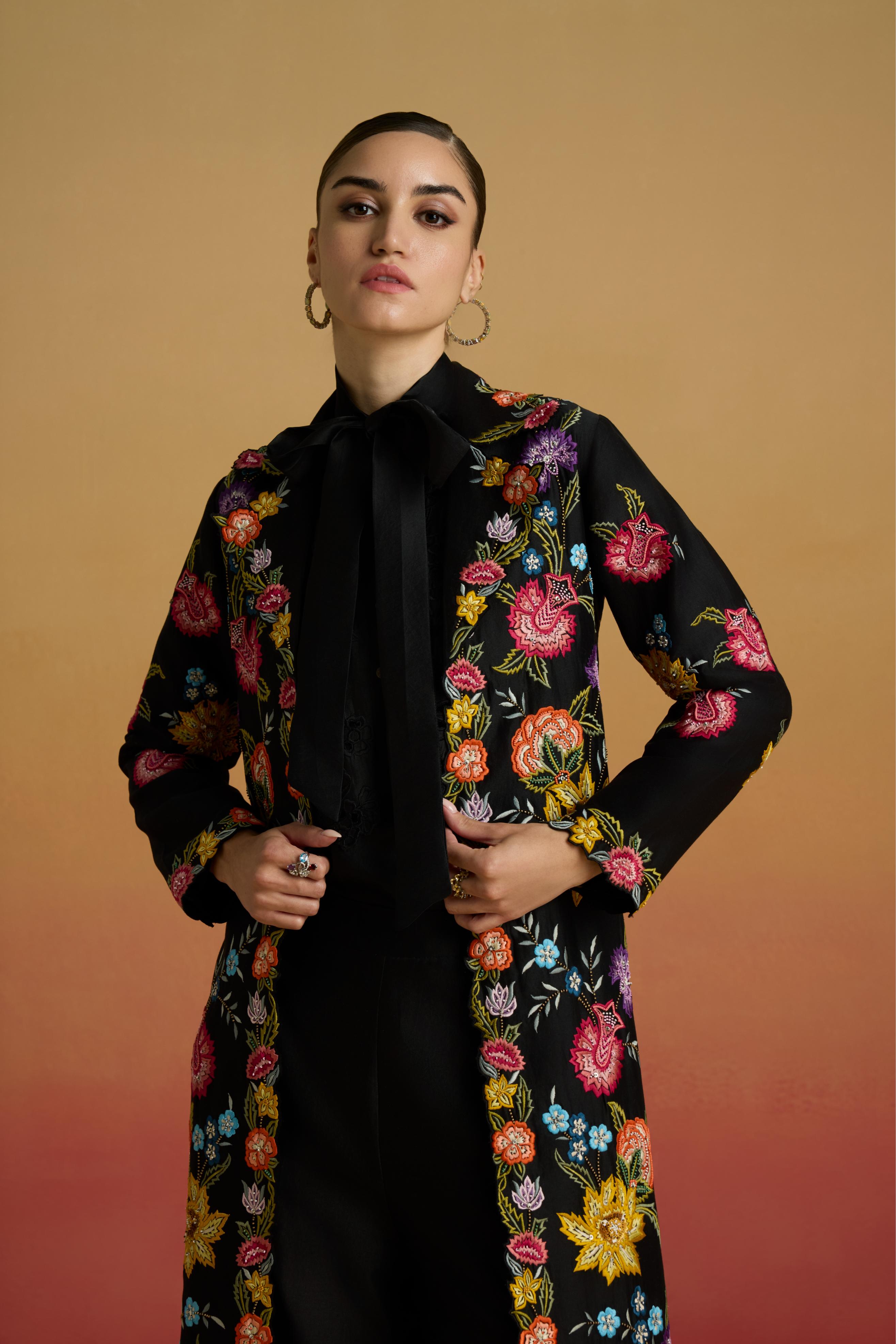 BLACK FLORAL THREADWORK LONG JACKET
