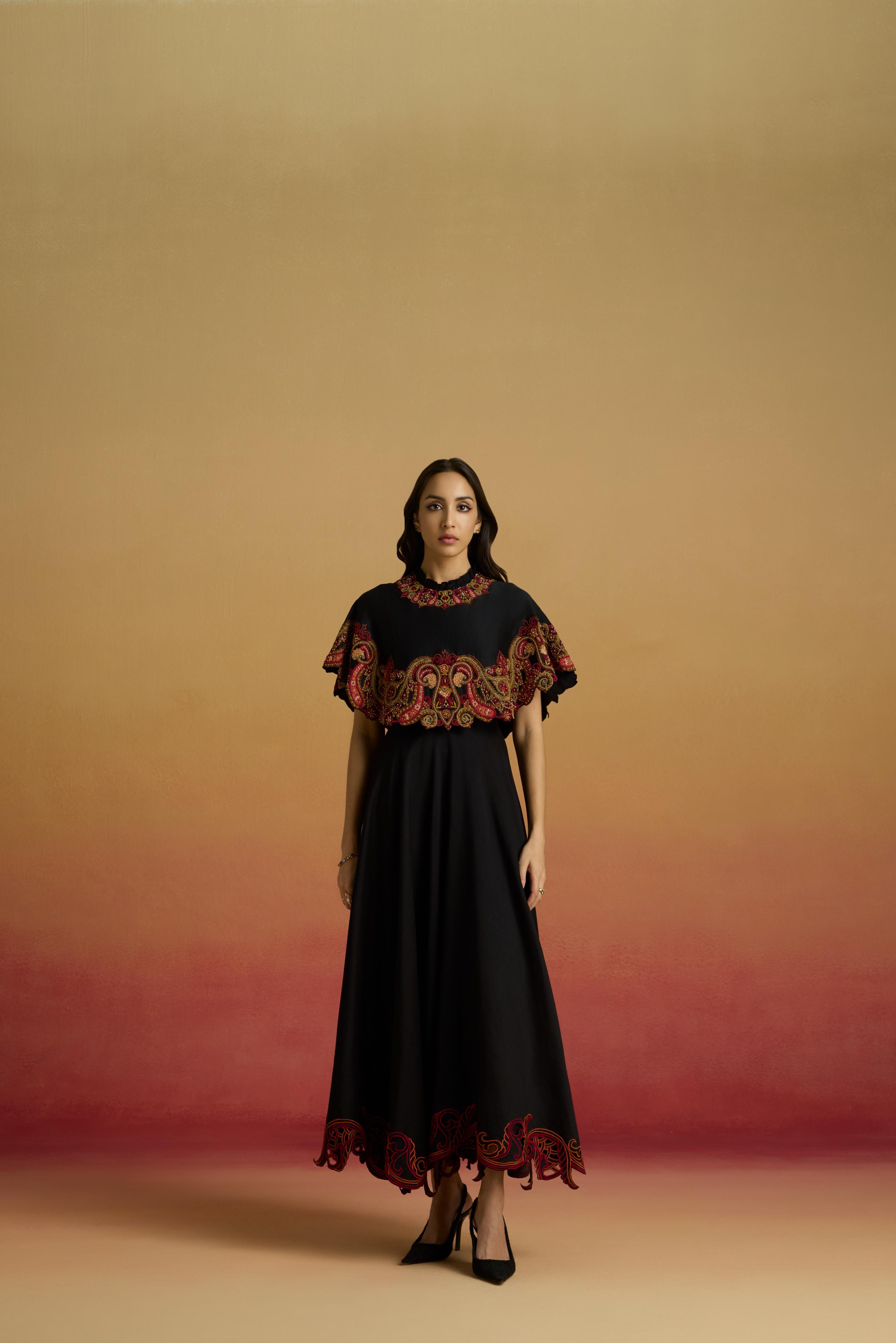 Elegant Black Chanderi Cape Flounce Dress with Intricate Threadwork & Beadwork