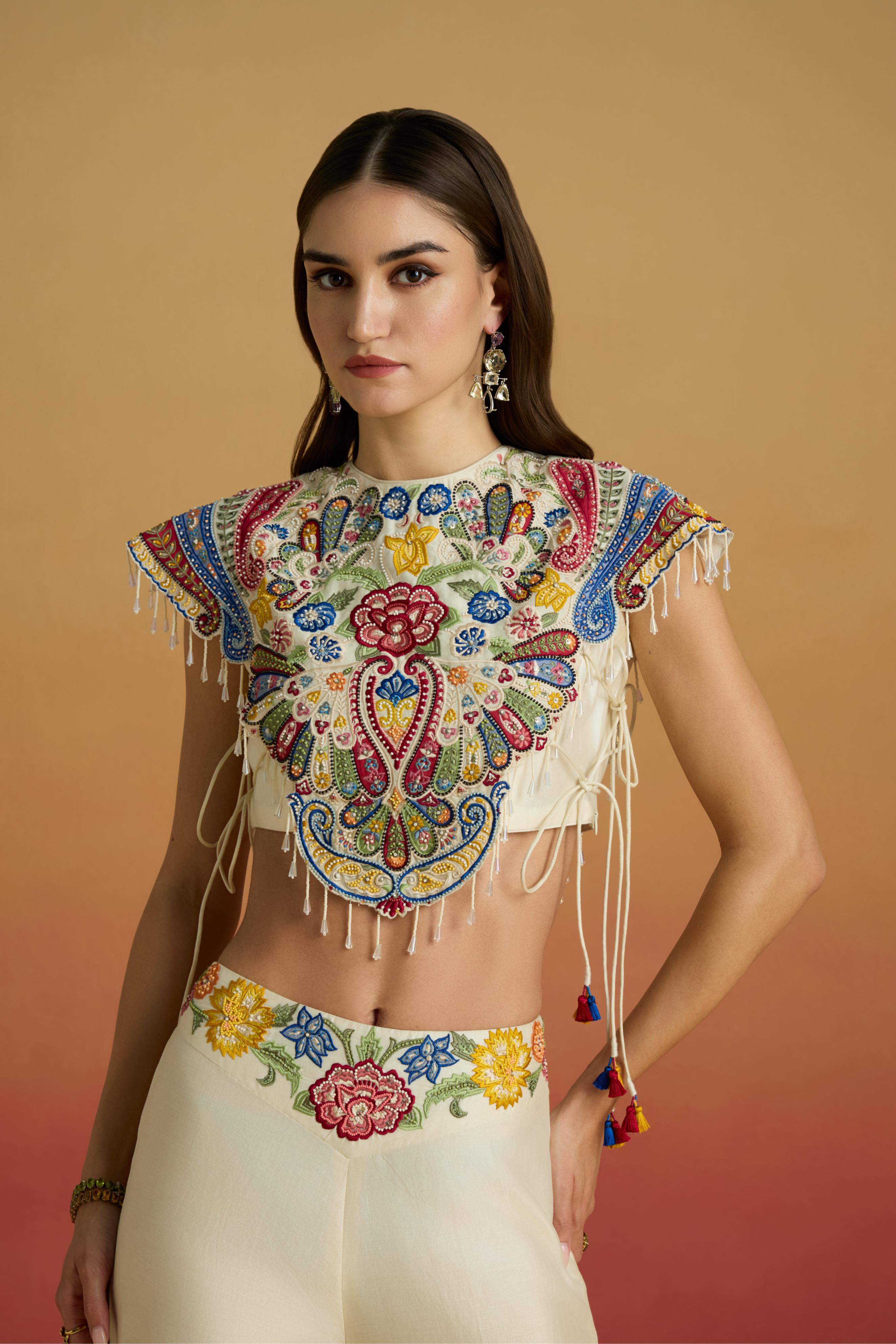 Elegant Ivory Chanderi Yoke Top with Intricate Applique, Threadwork & Beadwork