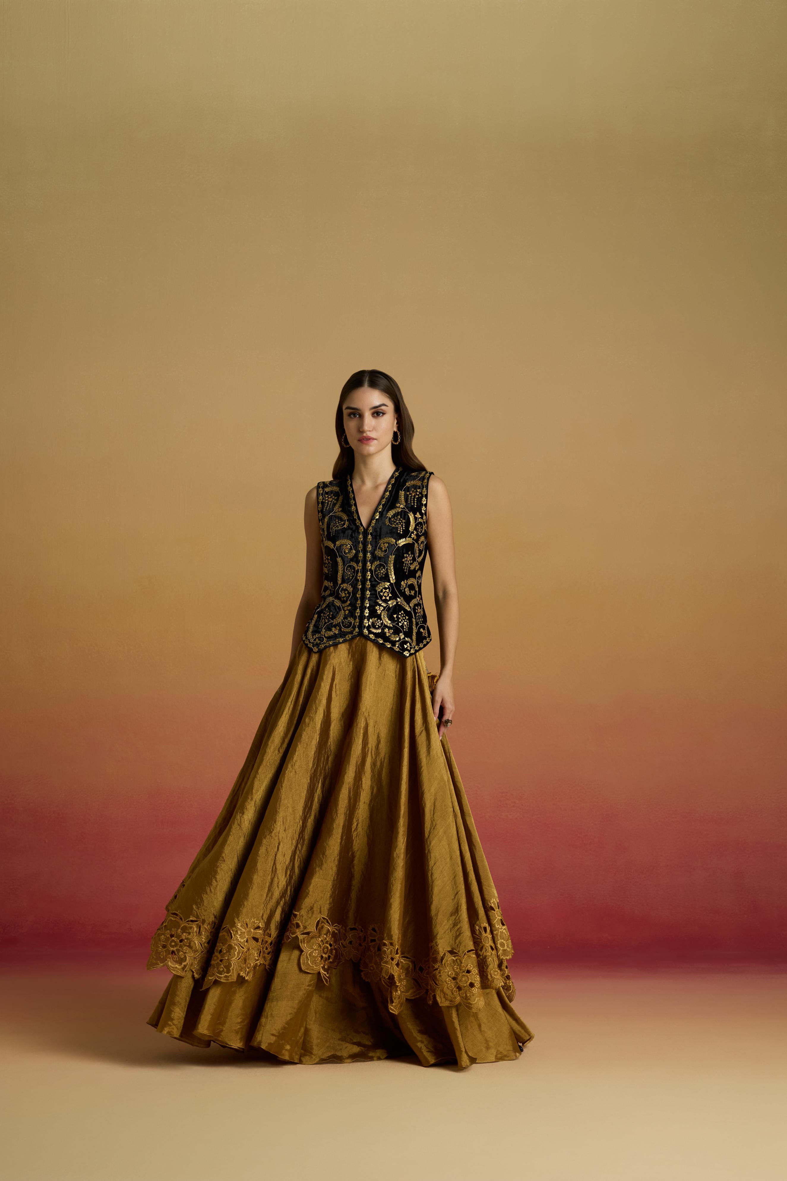 GOLD CUTWORK LAYERED LEHENGA