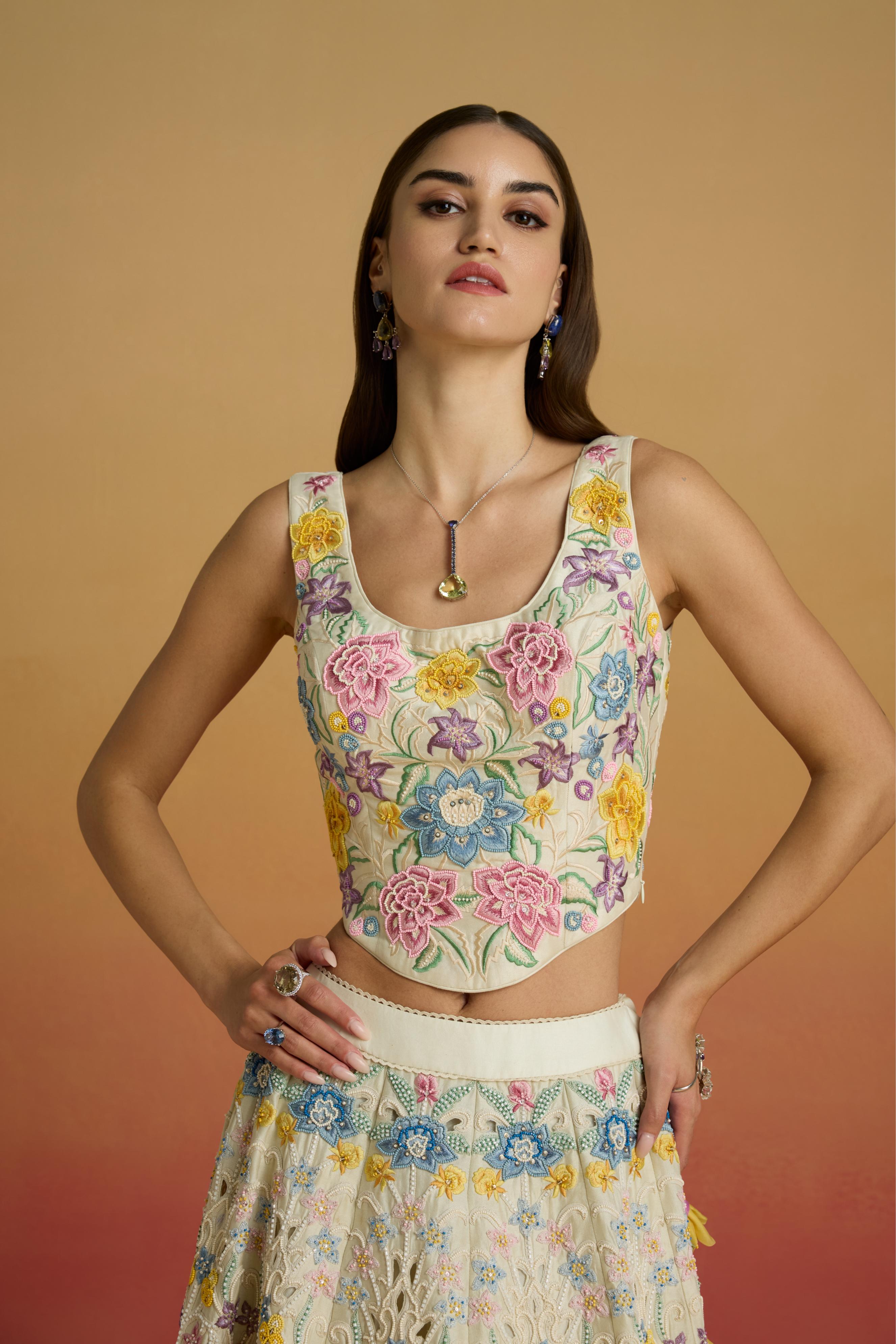 IVORY PASTEL FLORAL THREADWORK CORSET