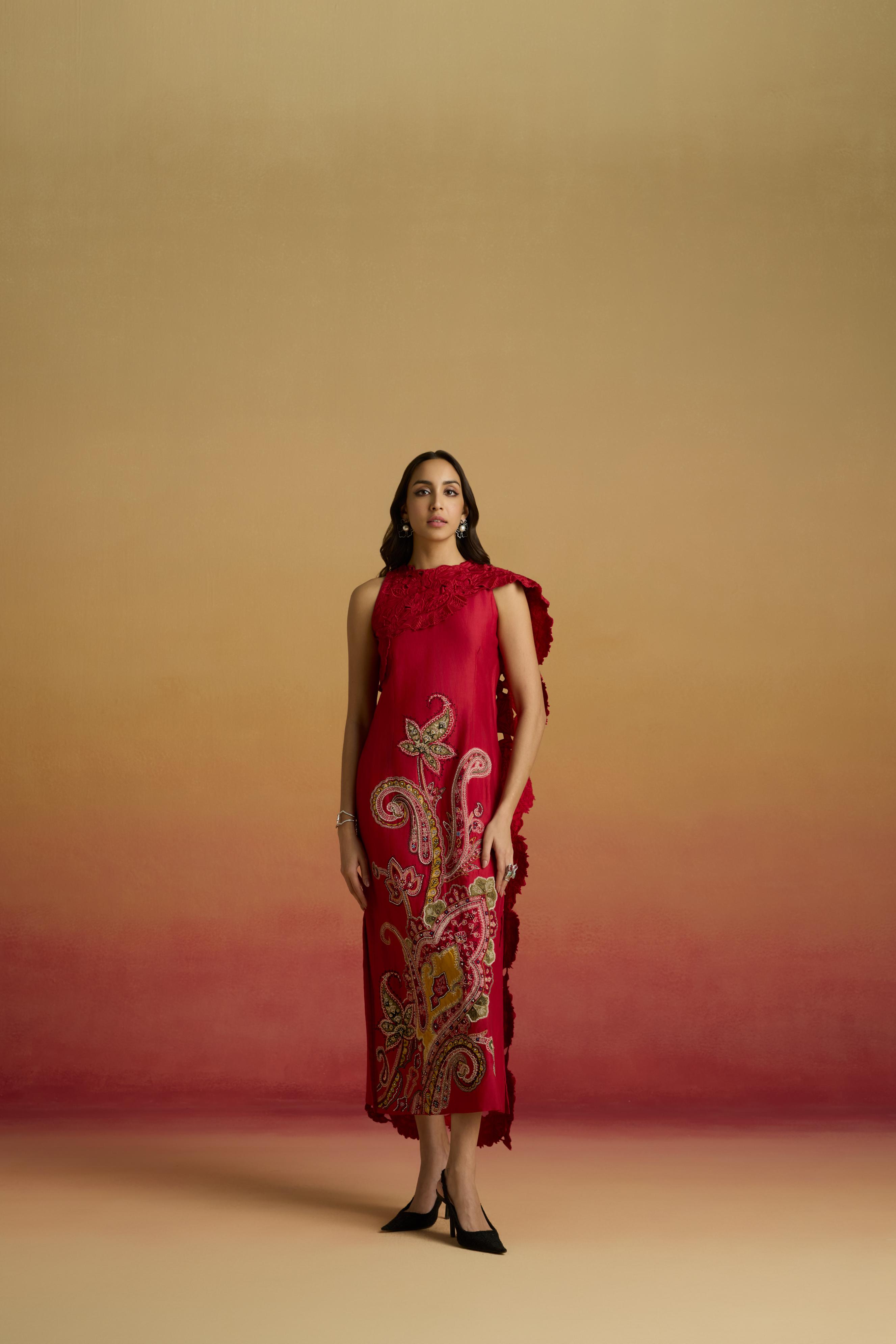 RED DRAPE DETAIL STRAIGHT DRESS