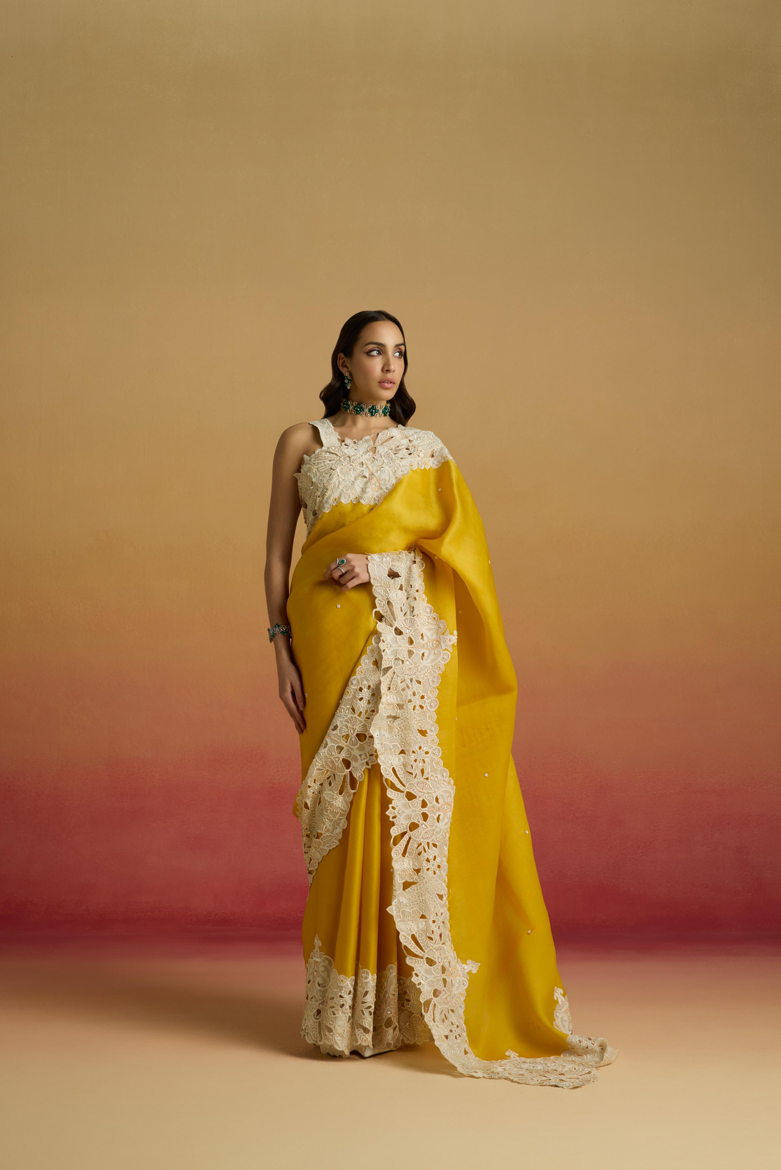 YELLOW CONTRAST CUTWORK SAREE
