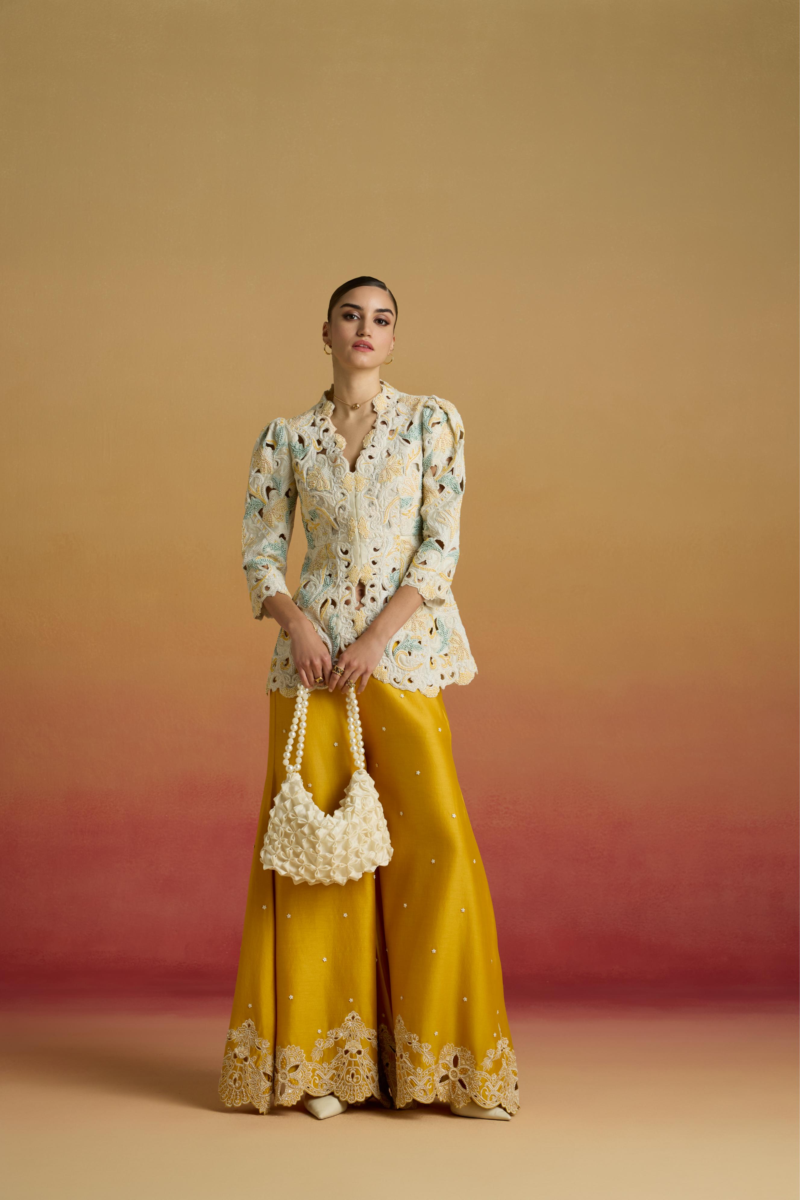 IVORY CORDWORK AND BEADWORK PEPLUM JACKET