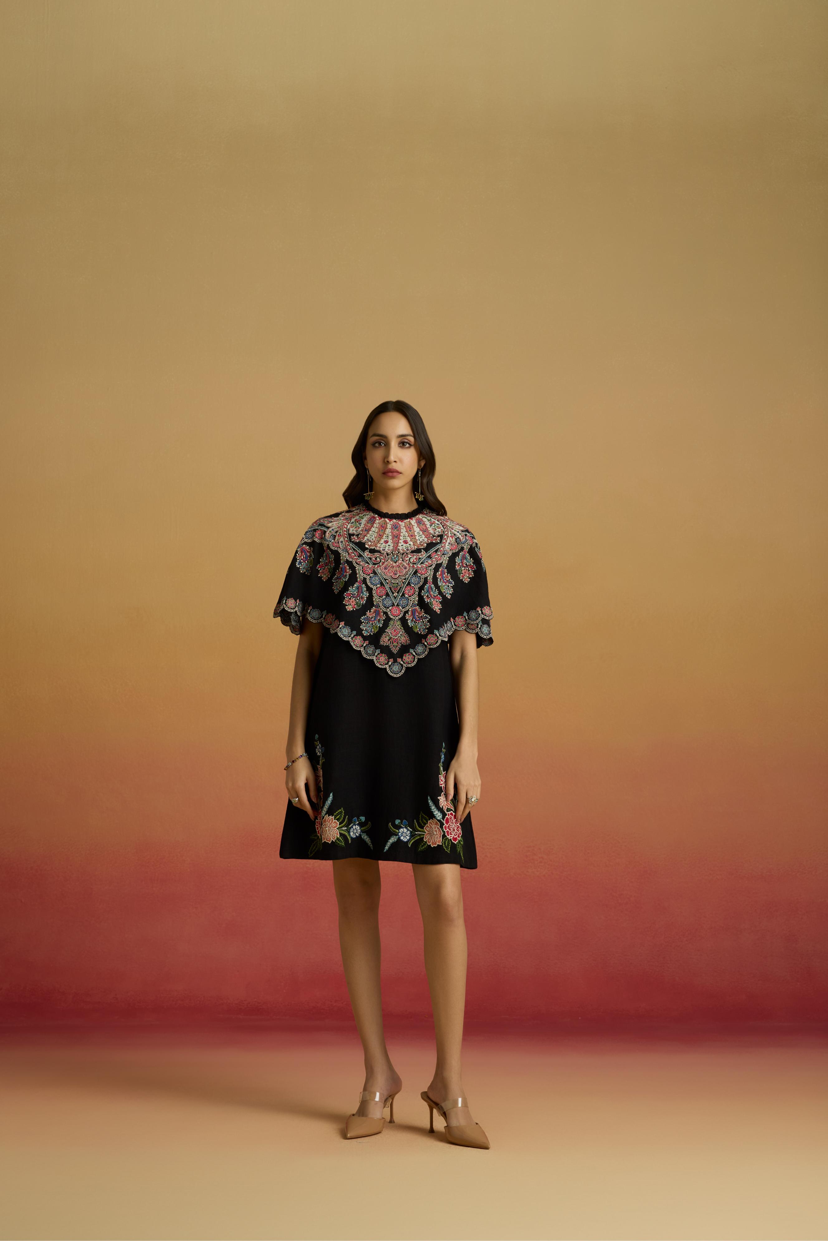 BLACK APPLIQUE CAPE SHORT DRESS