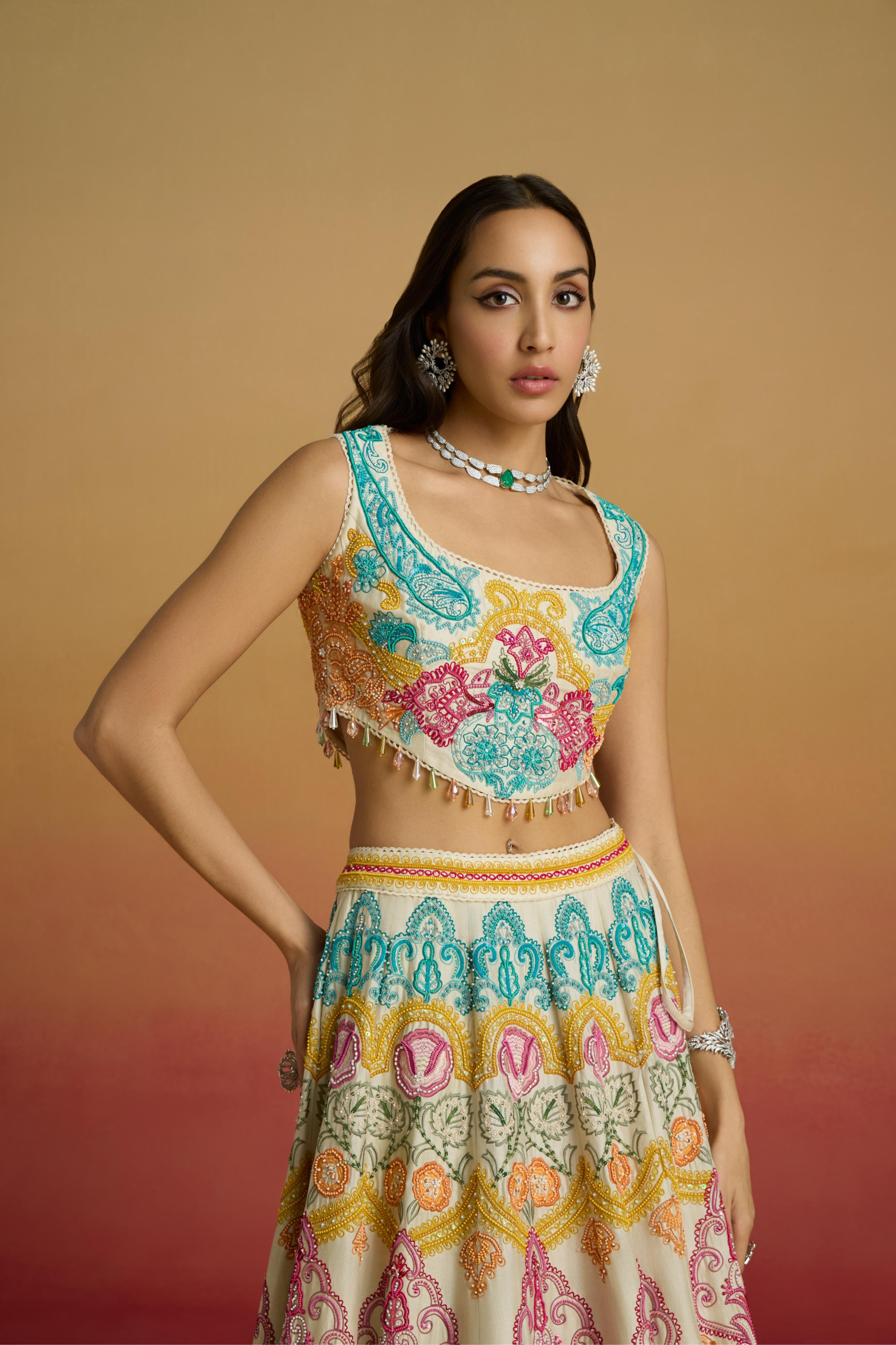IVORY MULTICOLOUR PAISLEY CORDWORK BUSTIER
