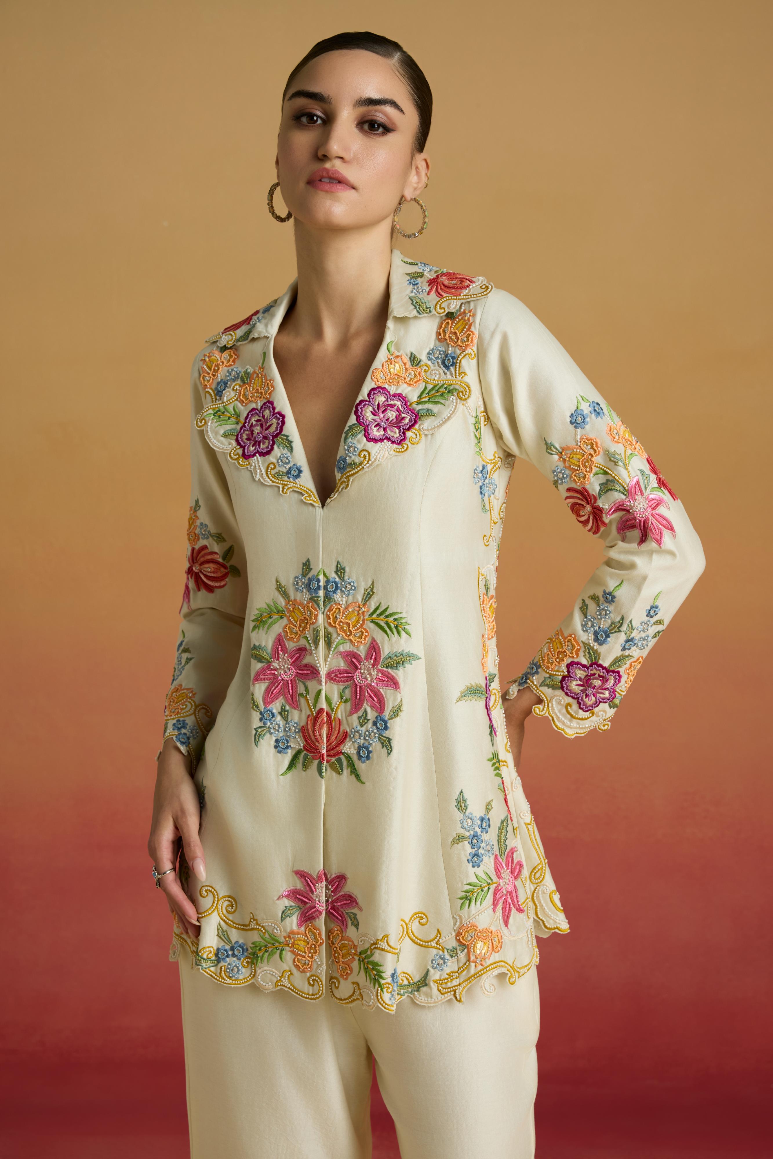 IVORY THREADWORK AND BEADWORK FLARED JACKET