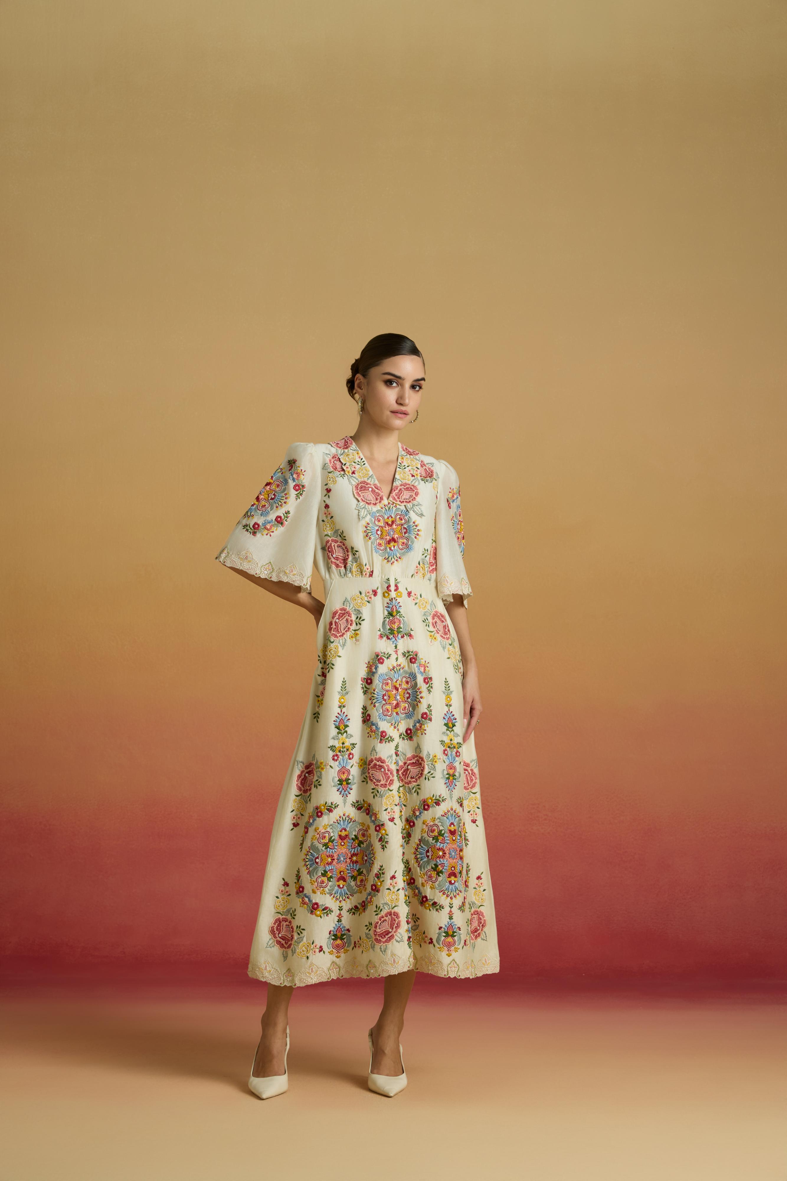 IVORY FLORAL THREADWORK SHIRT DRESS
