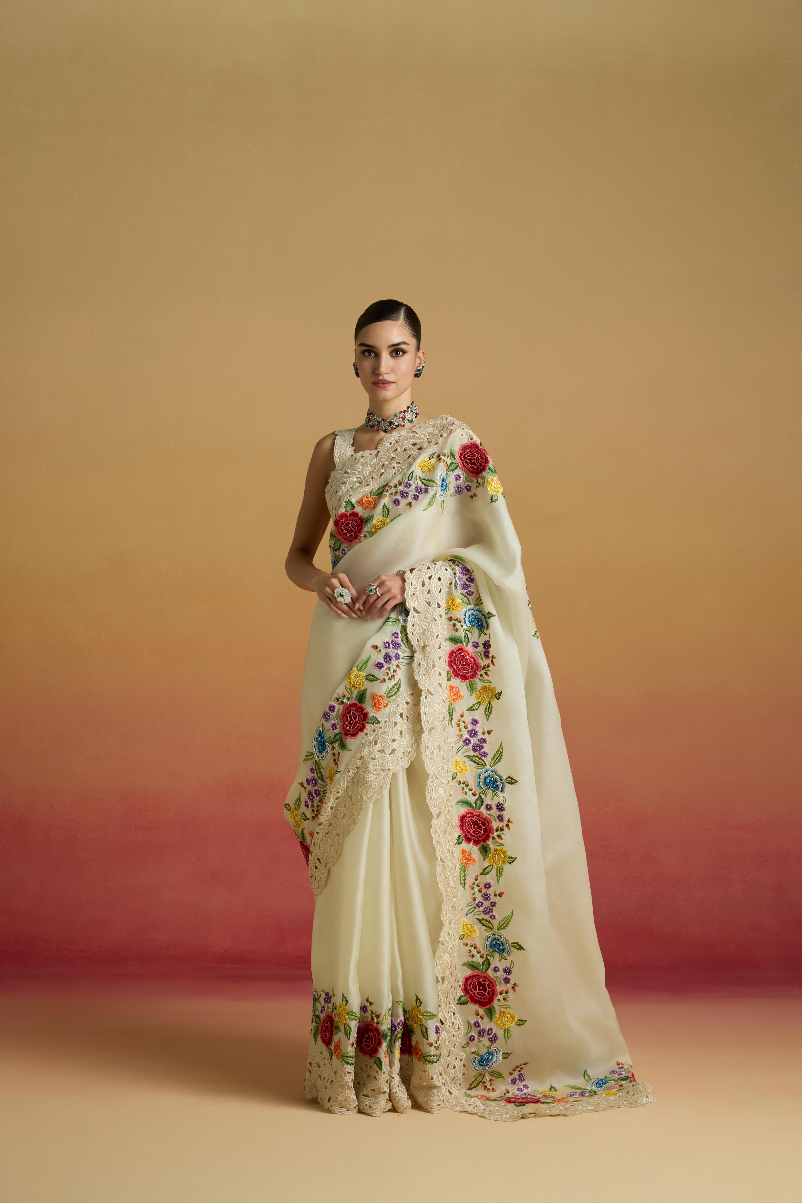 IVORY CUTWORK AND FLORAL THREADWORK SAREE