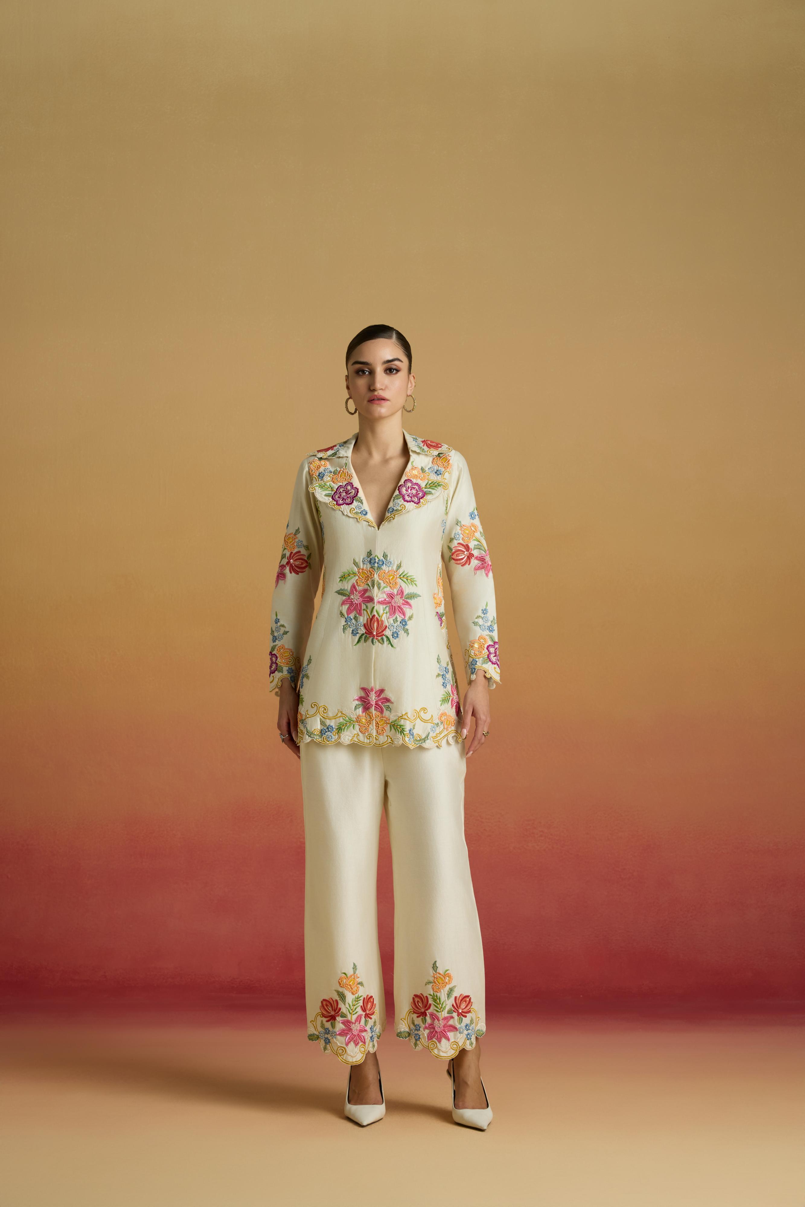 IVORY THREADWORK AND BEADWORK PANTS