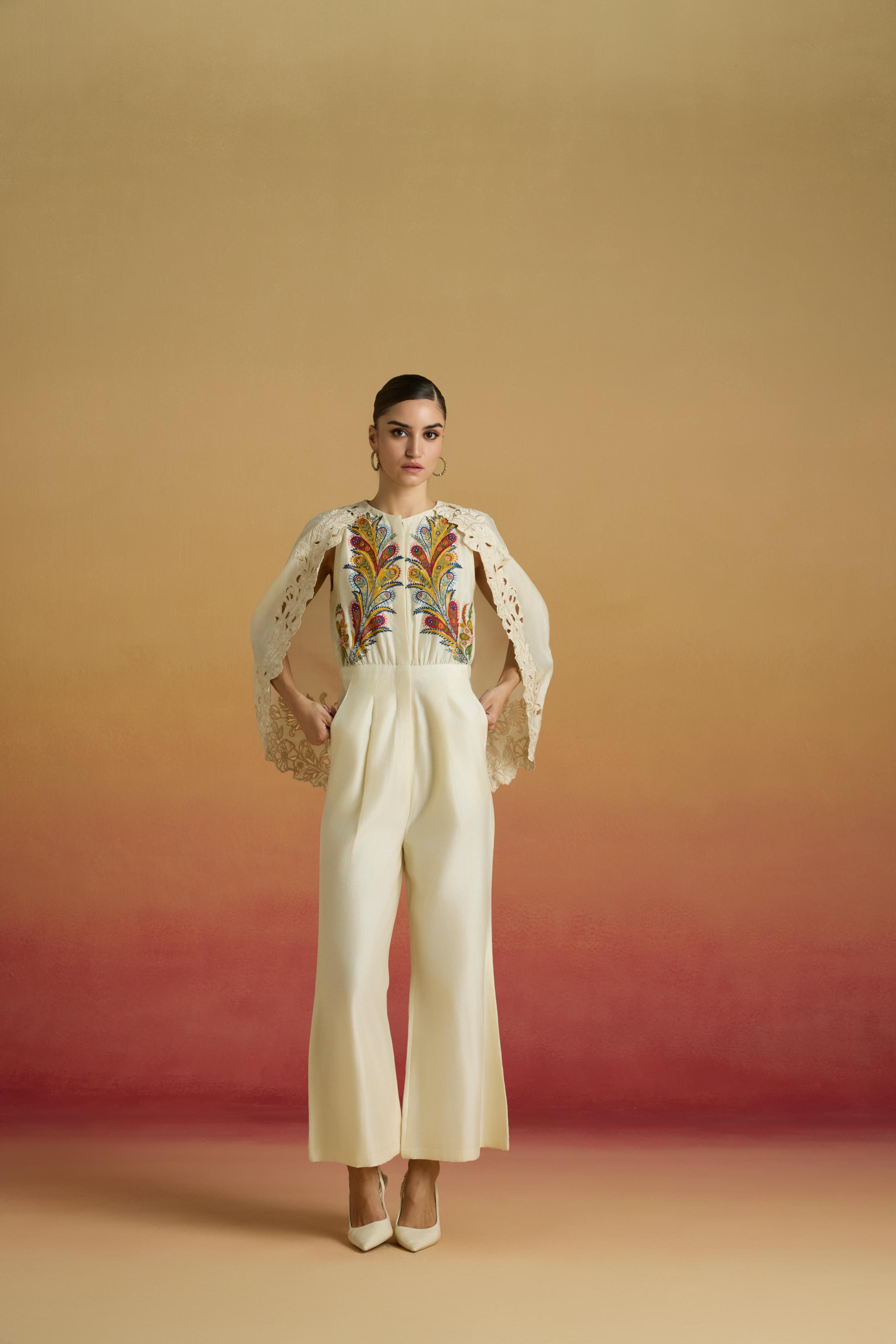 IVORY EMBROIDERED CAPE JUMPSUIT