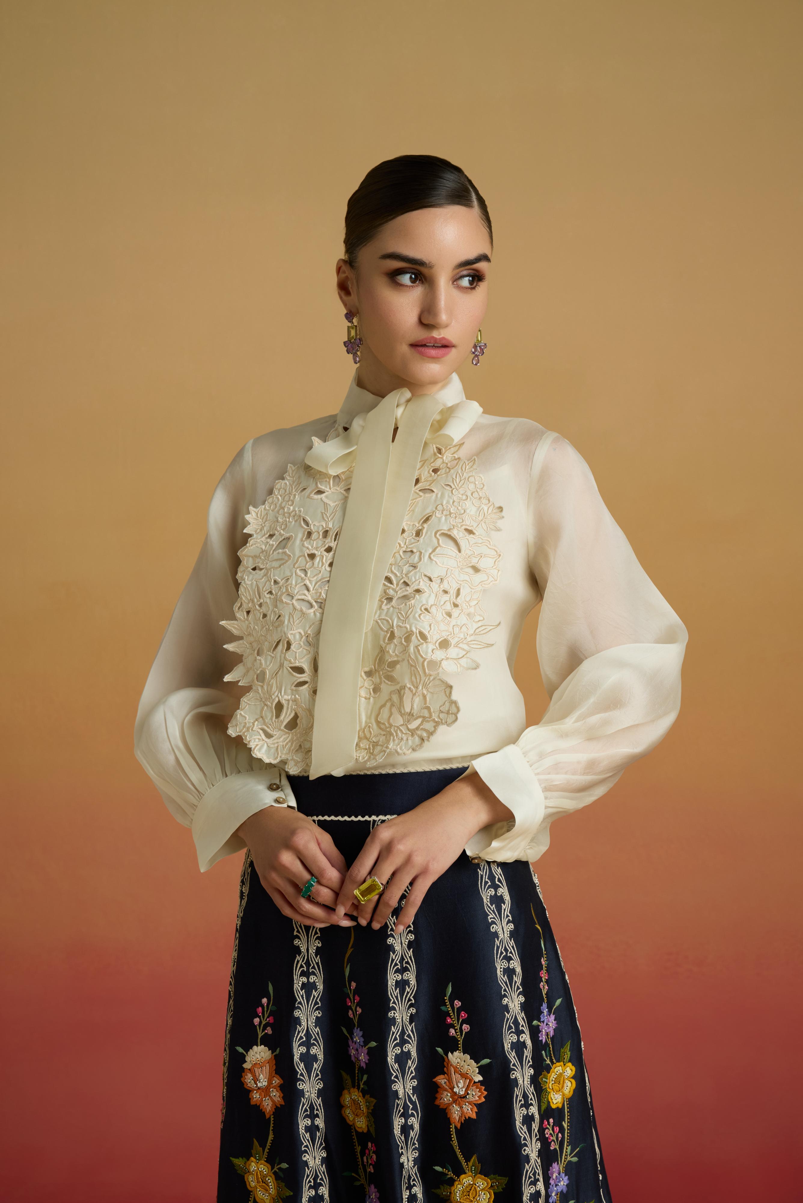 IVORY CUTWORK BIB LAYERED SHIRT