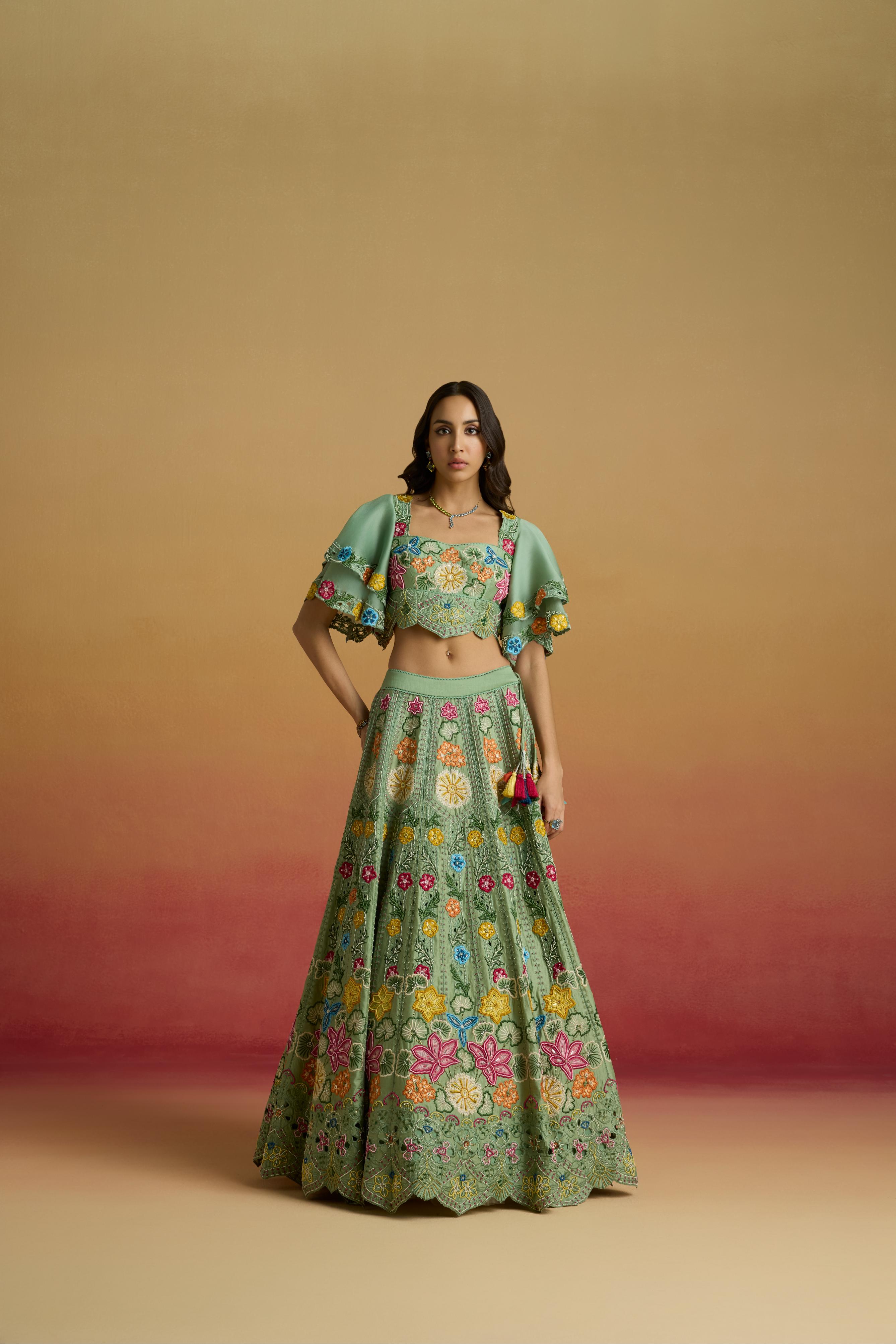 SAGE GREEN MULTICOLOUR FLORAL LEHENGA
