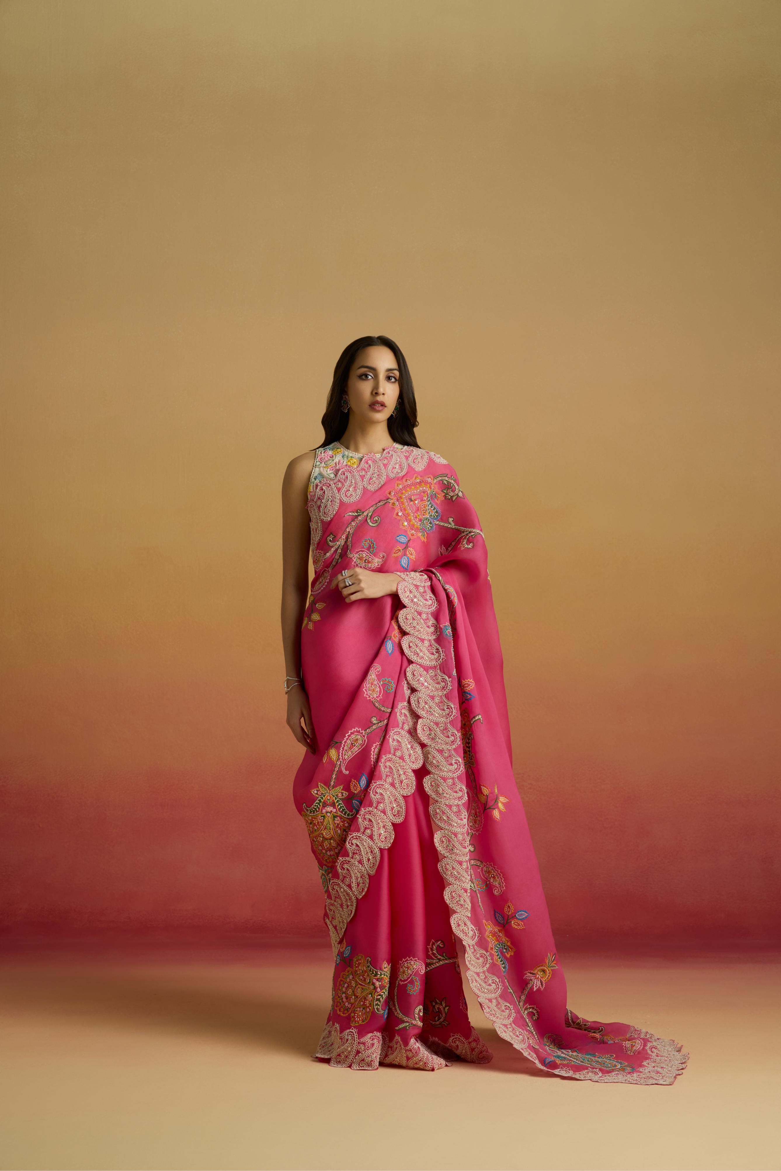 HOT PINK CONTRAST CORDWORK SAREE