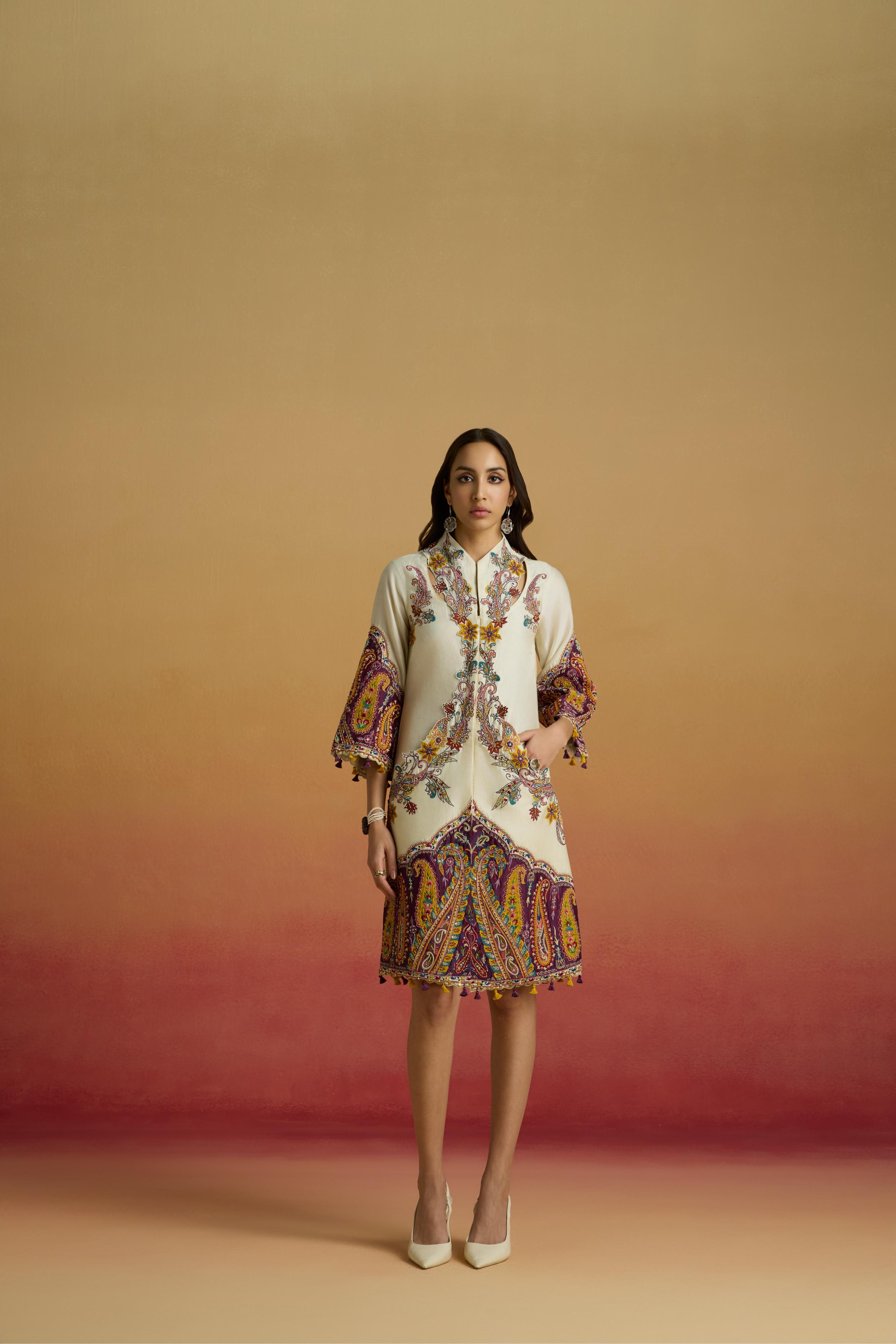 IVORY AND PLUM COLOURBLOCK PAISLEY DRESS