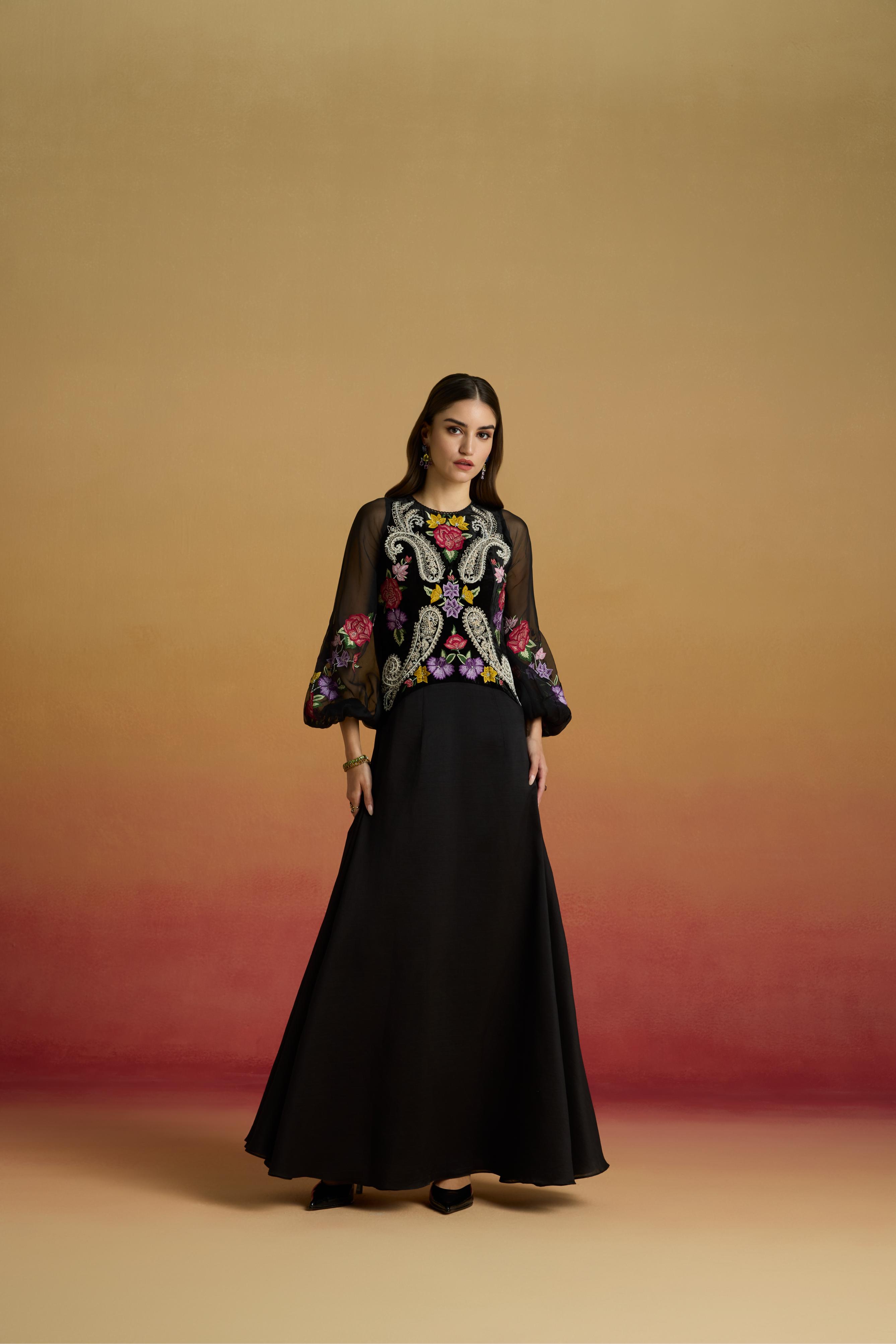 BLACK CONTRAST PAISLEY FLOUNCE DRESS