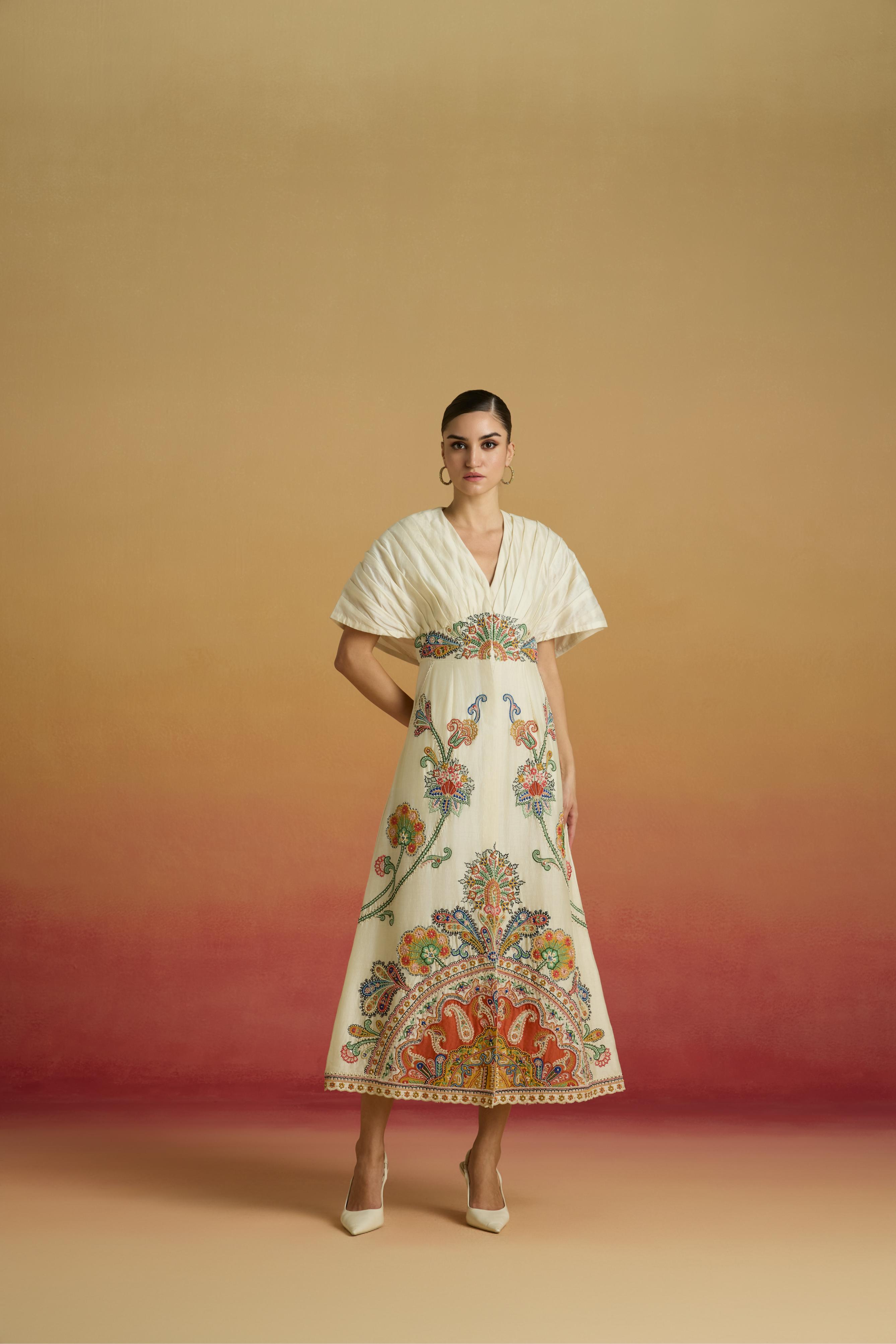 IVORY PLEATED MIDI DRESS