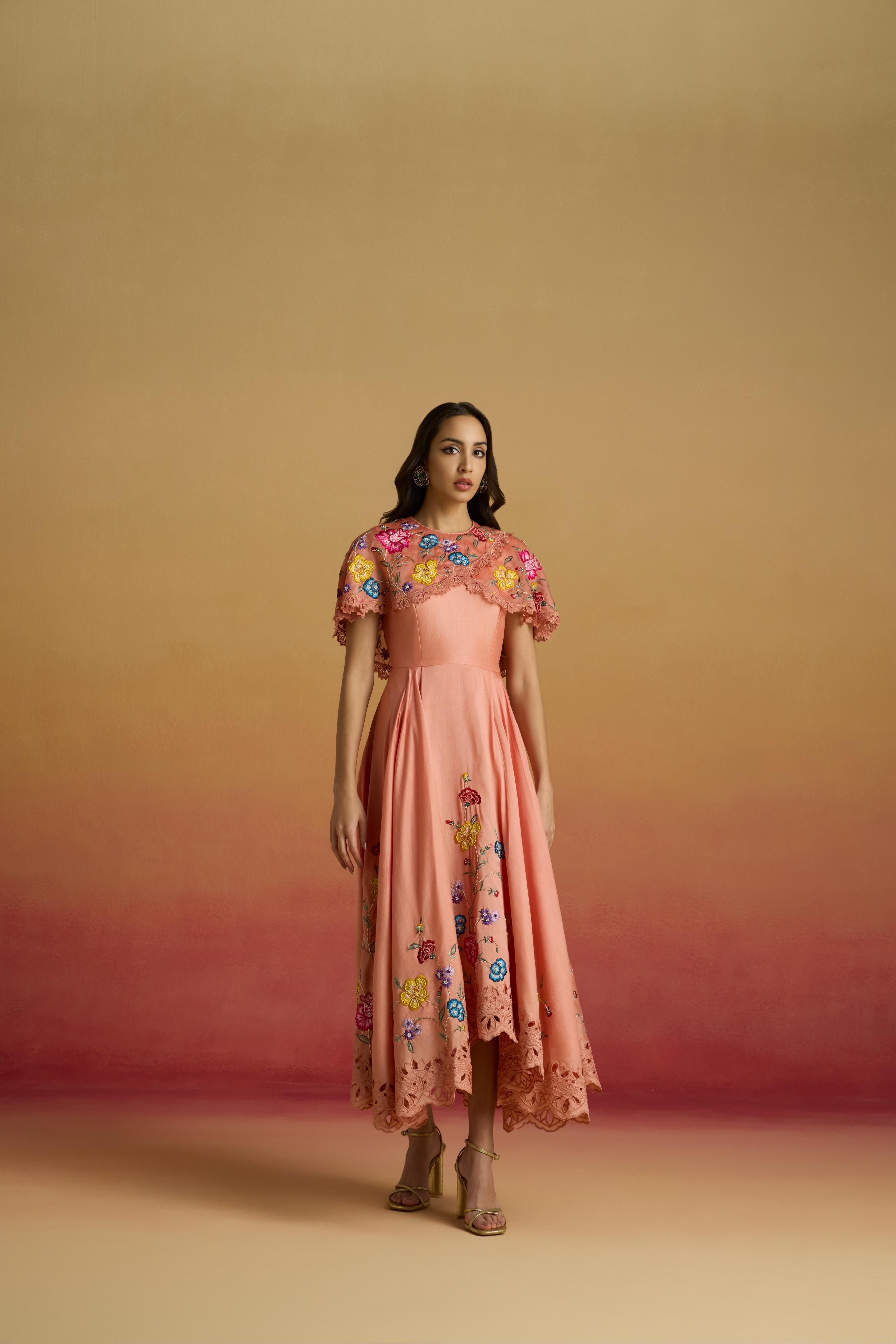 APRICOT CAPE DETAIL FLOUNCE DRESS