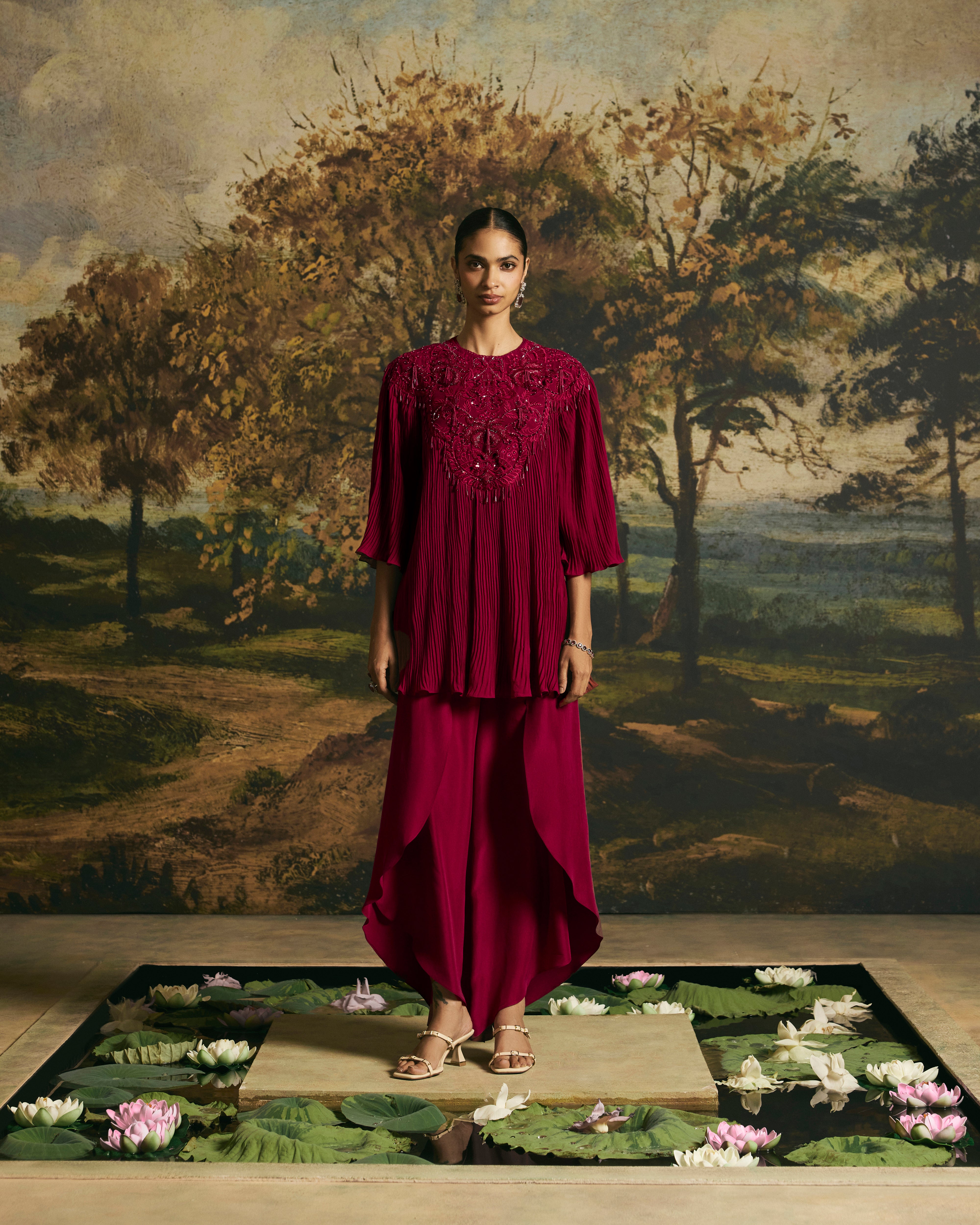 CHERRY RED CUTWORK TEXTURED TUNIC WITH TULIP PANTS