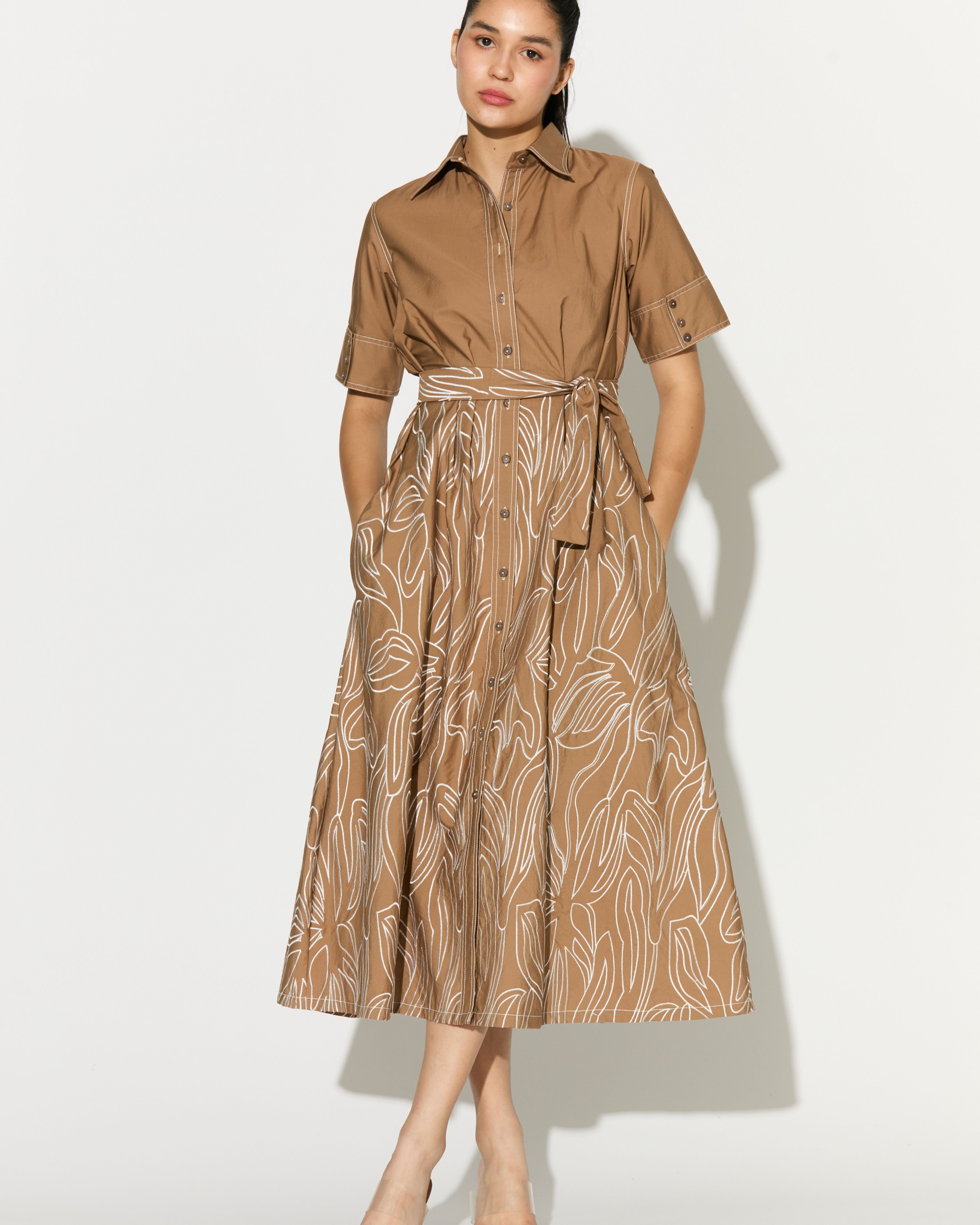 LIGHT BROWN EMBROIDERED SHIRT DRESS