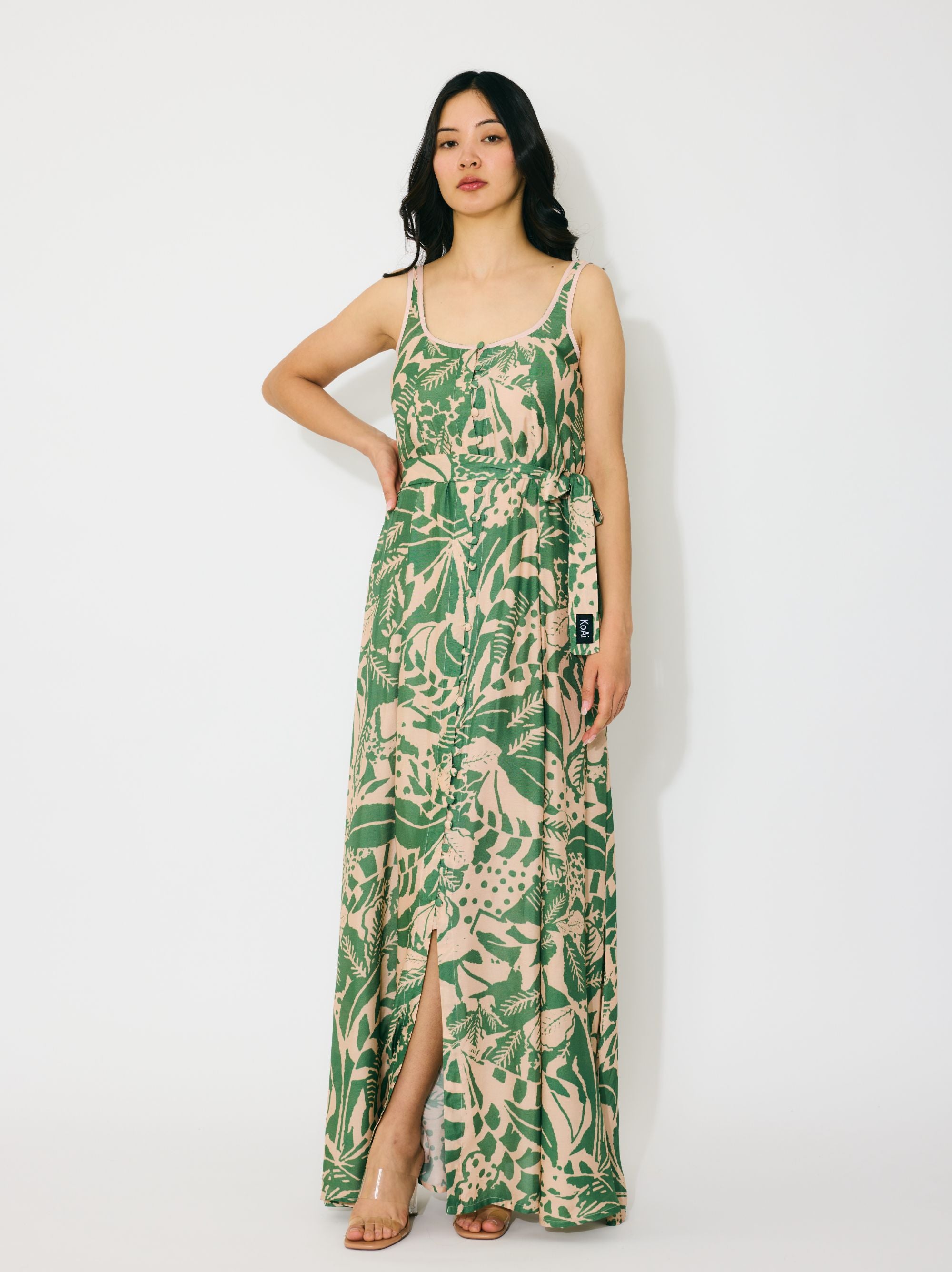 PEACH AND GREEN SLEEVELESS LONG DRESS