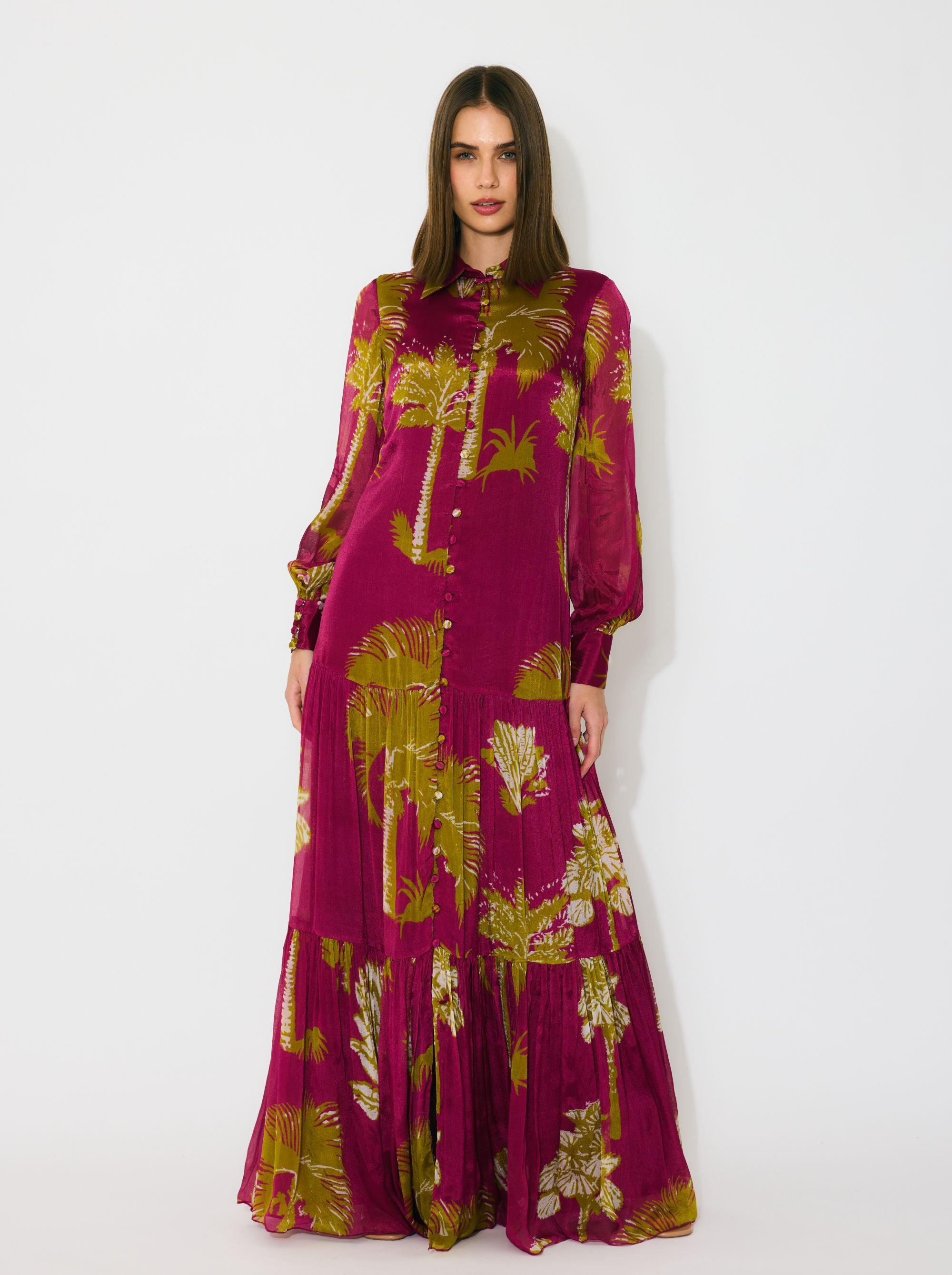 HOT PINK, MUSTARD AND WHITE FLORAL LONG DRESS