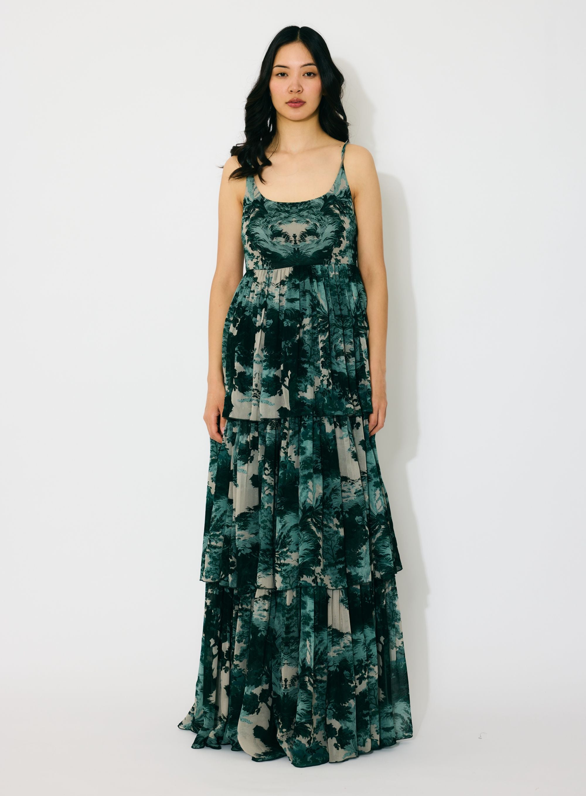 DARK GREEN, MINT AND BEIGE TOIL PRINT LONG DRESS