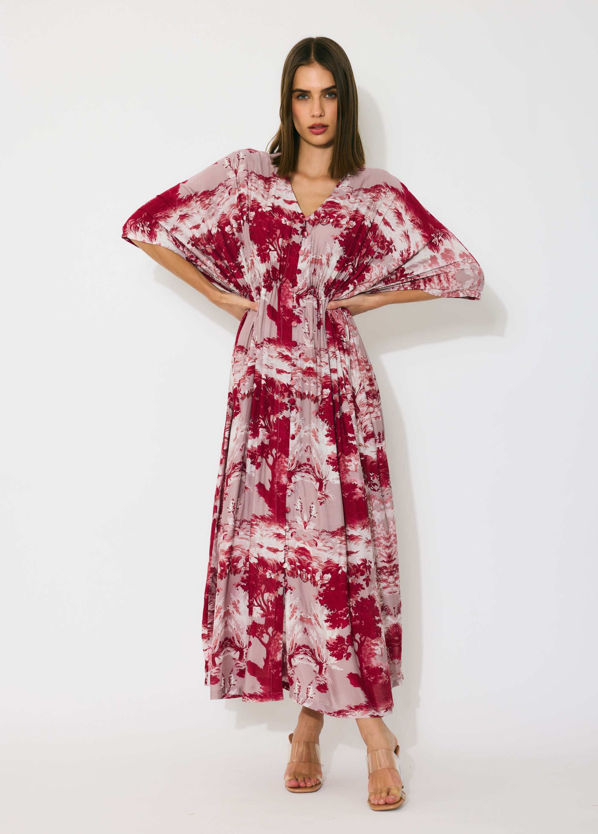 PEACH, RED AND CREAM TOILE PRINT KAFTAN DRESS