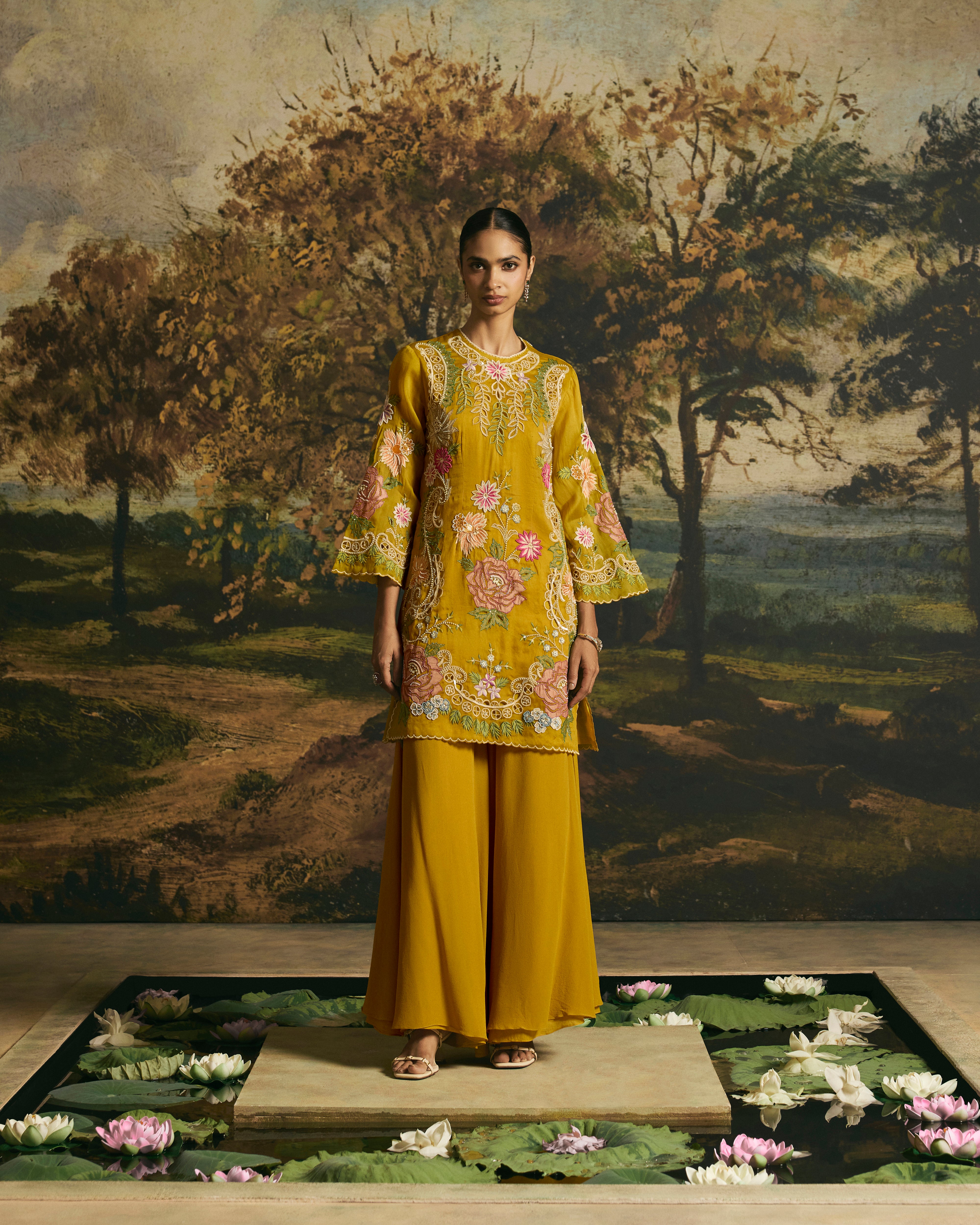 AMBER YELLOW FLORAL MEDLEY SHORT KURTA WITH SHARARA