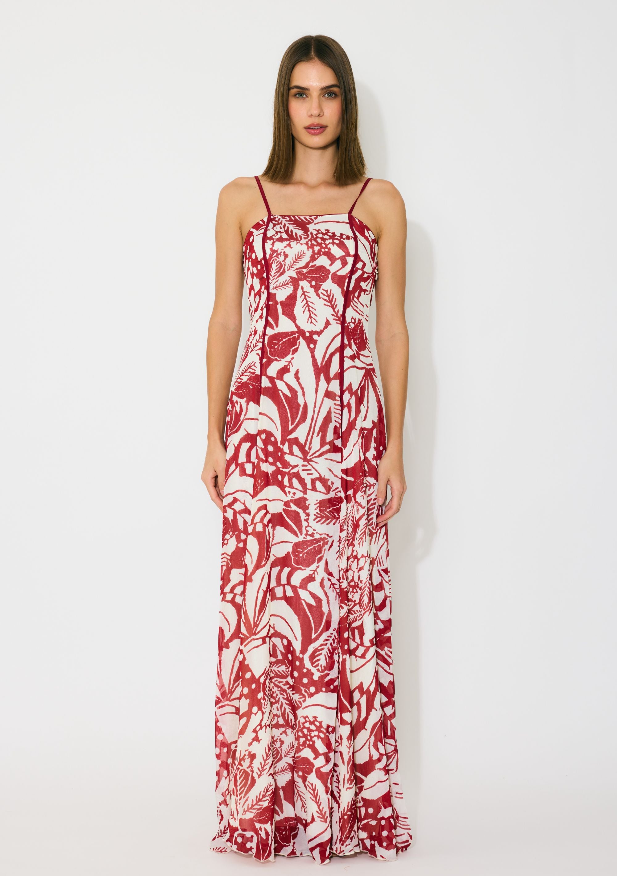 OFF WHITE AND RED SLEEVELESS LONG DRESS
