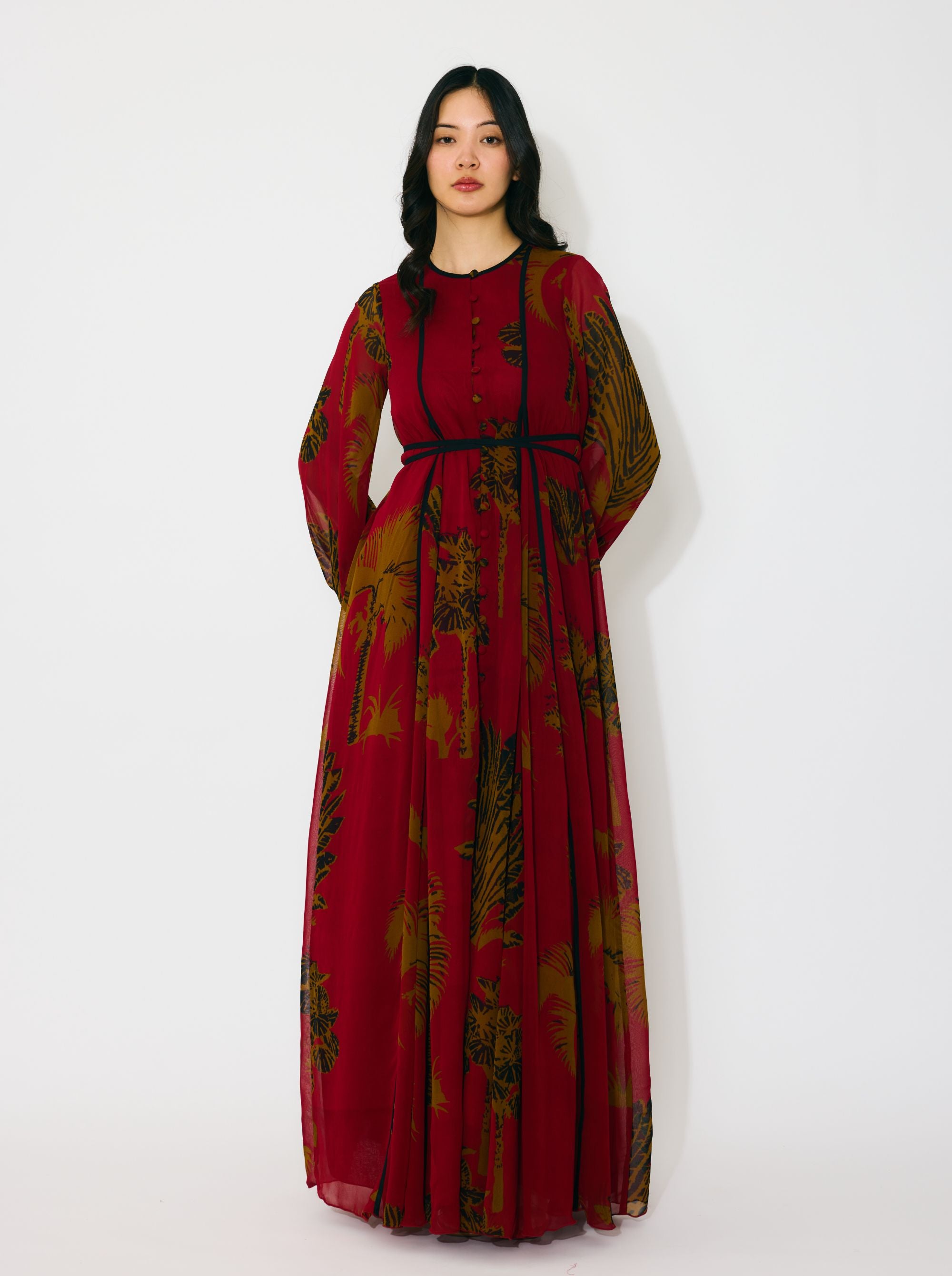 RED, MUSTARD AND BLACK FLORAL LONG SHIRT DRESS