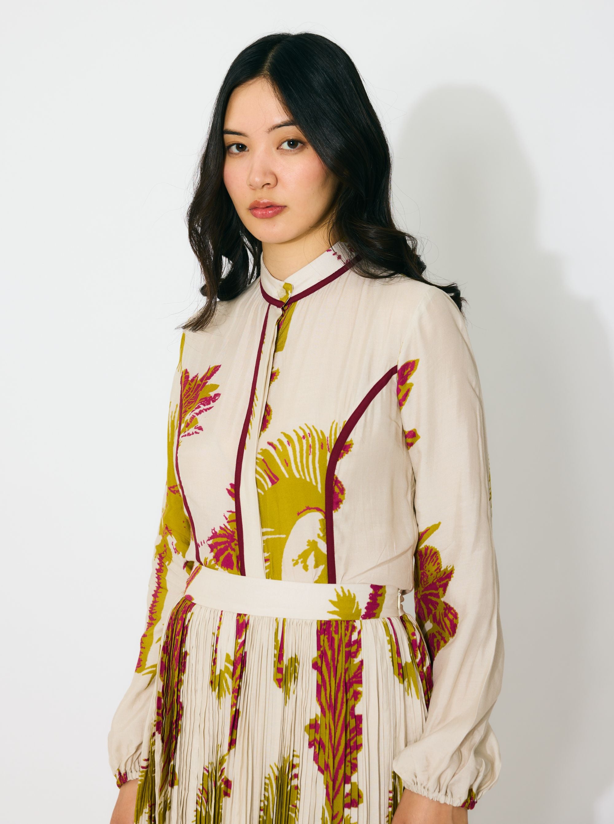 BEIGE, MUSTARD AND HOT PINK FLORAL TOP