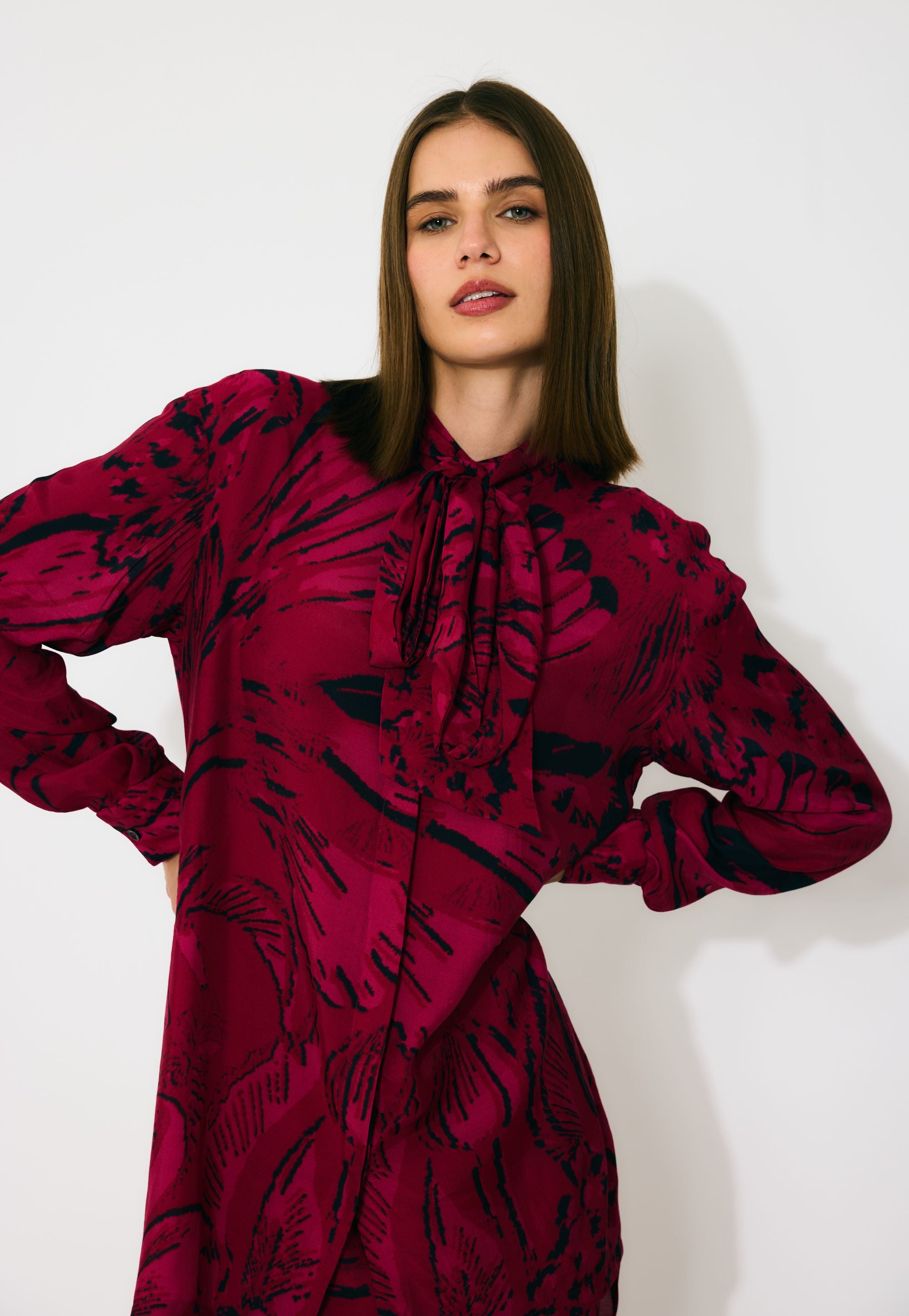 HOT PINK AND BLACK FLORAL BOW TIE SHIRT