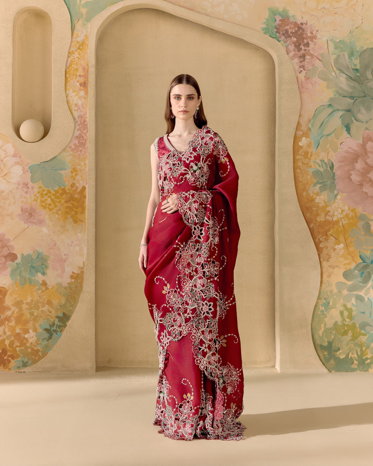 Ruby Contrast Cutwork Saree