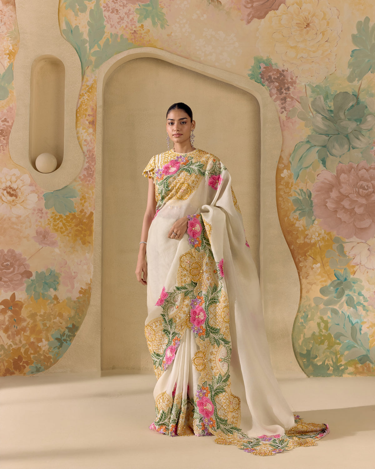 Ivory Floral Cordwork Saree