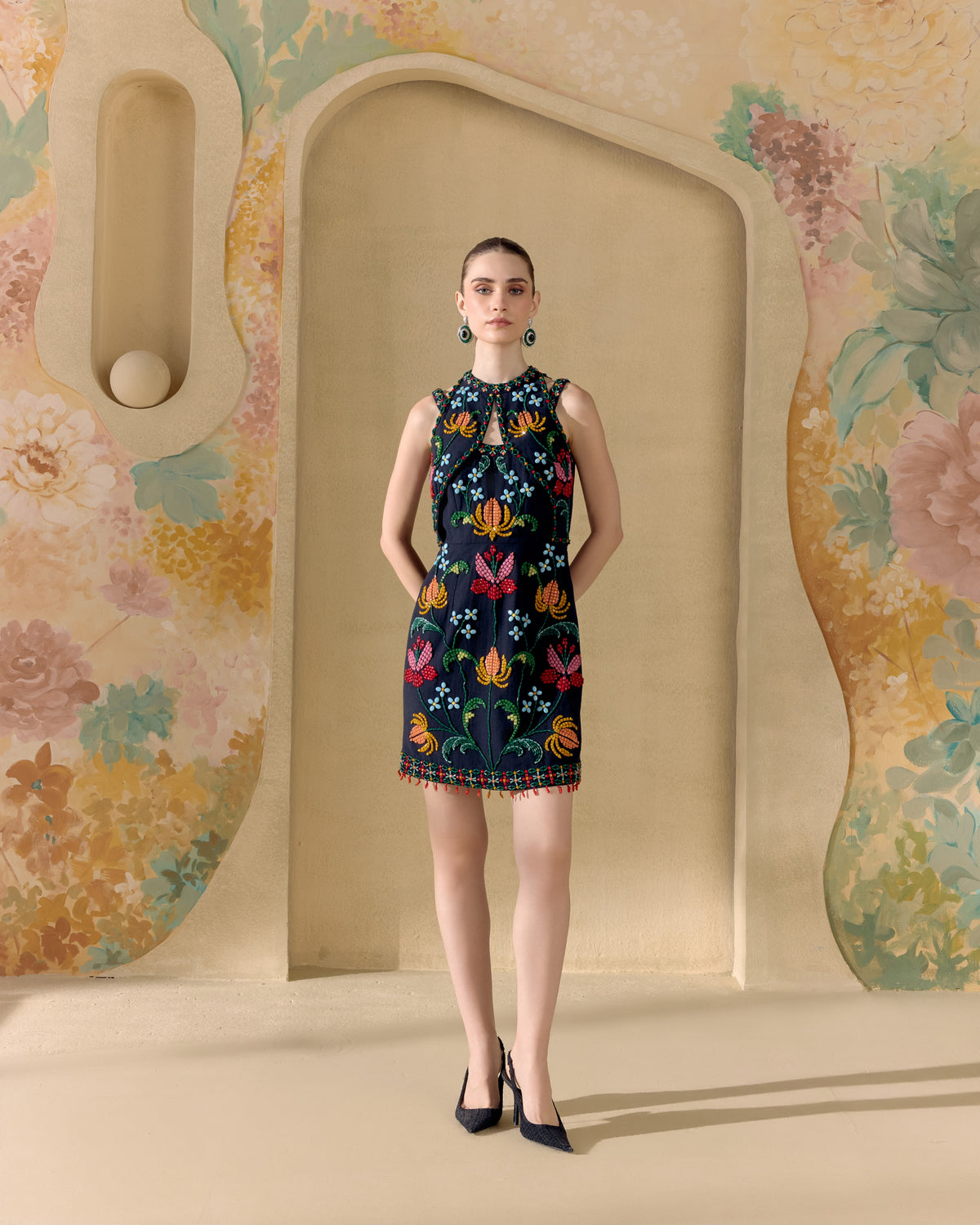 Black Mosaic Beadwork Cutout Dress