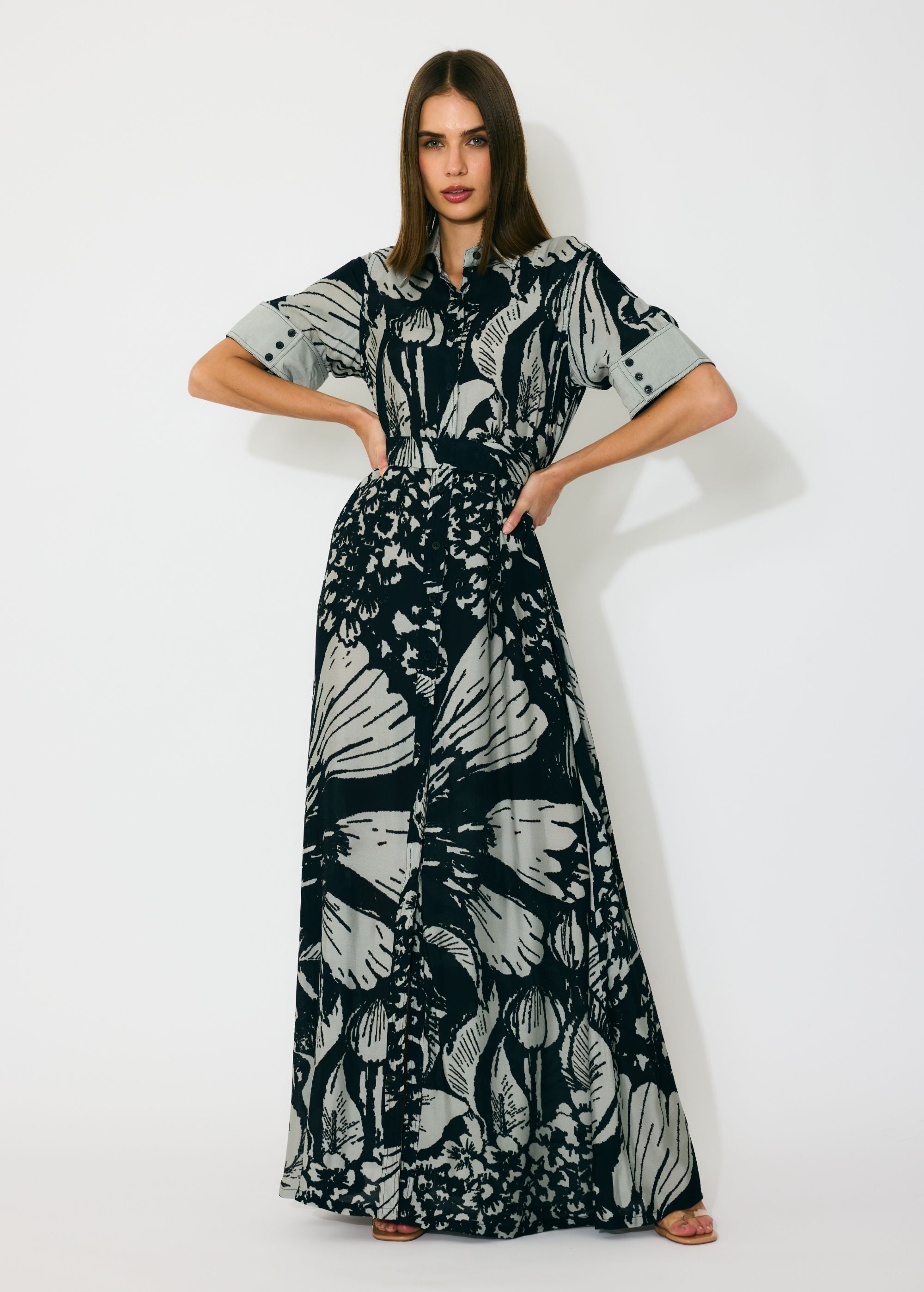 GREY AND BLACK FLORAL SHIRT DRESS