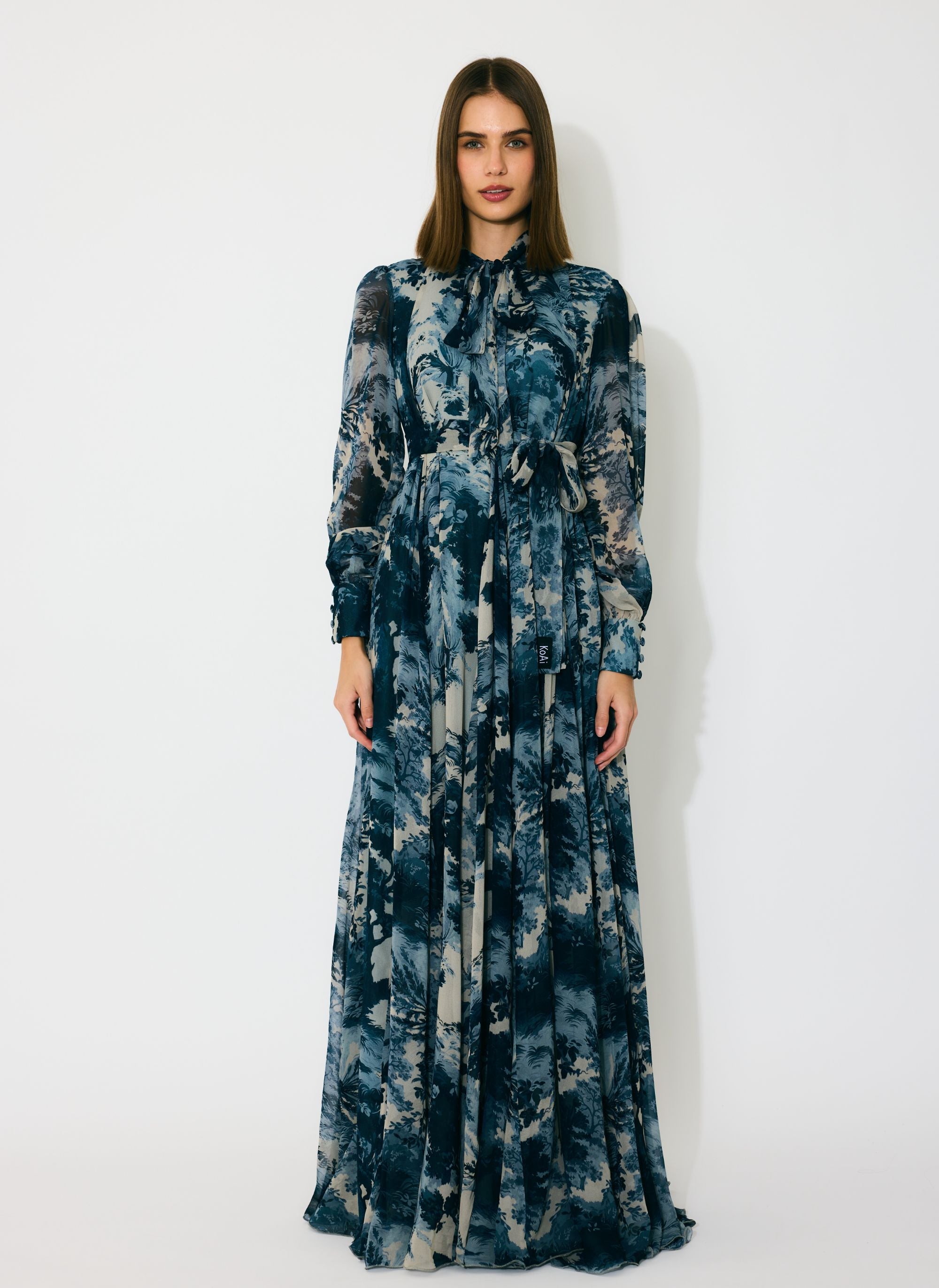 BLUE, INDIGO AND BEIGE TOILE PRINT LONG DRESS