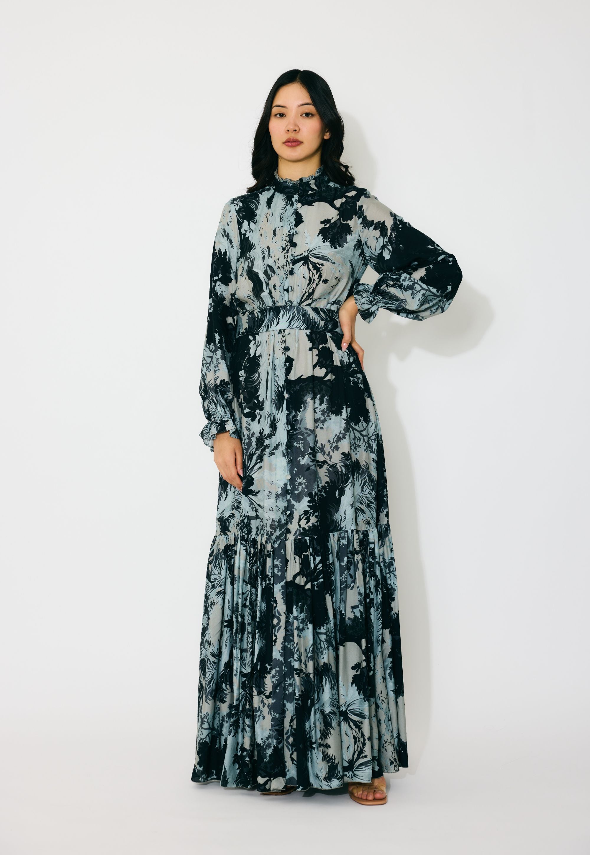 GREY, BLACK AND BEIGE TOILE PRINT LONG SHIRT DRESS
