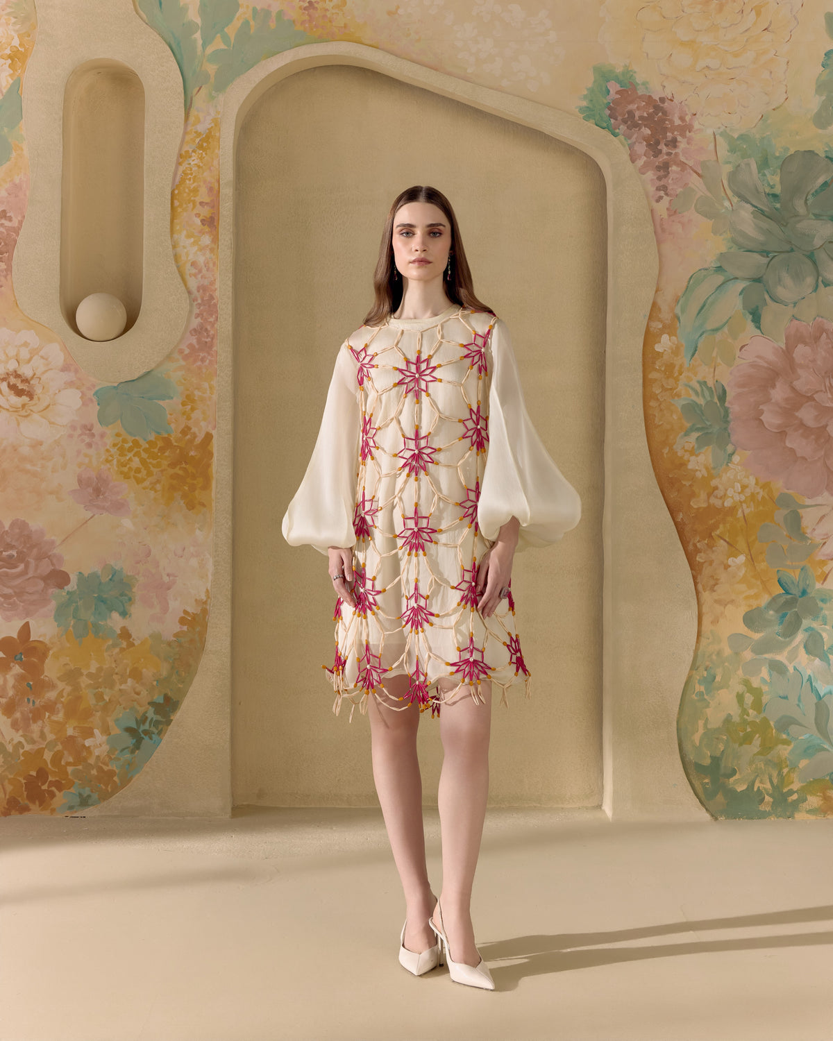 Ivory Mosaic Mesh Layered Dress