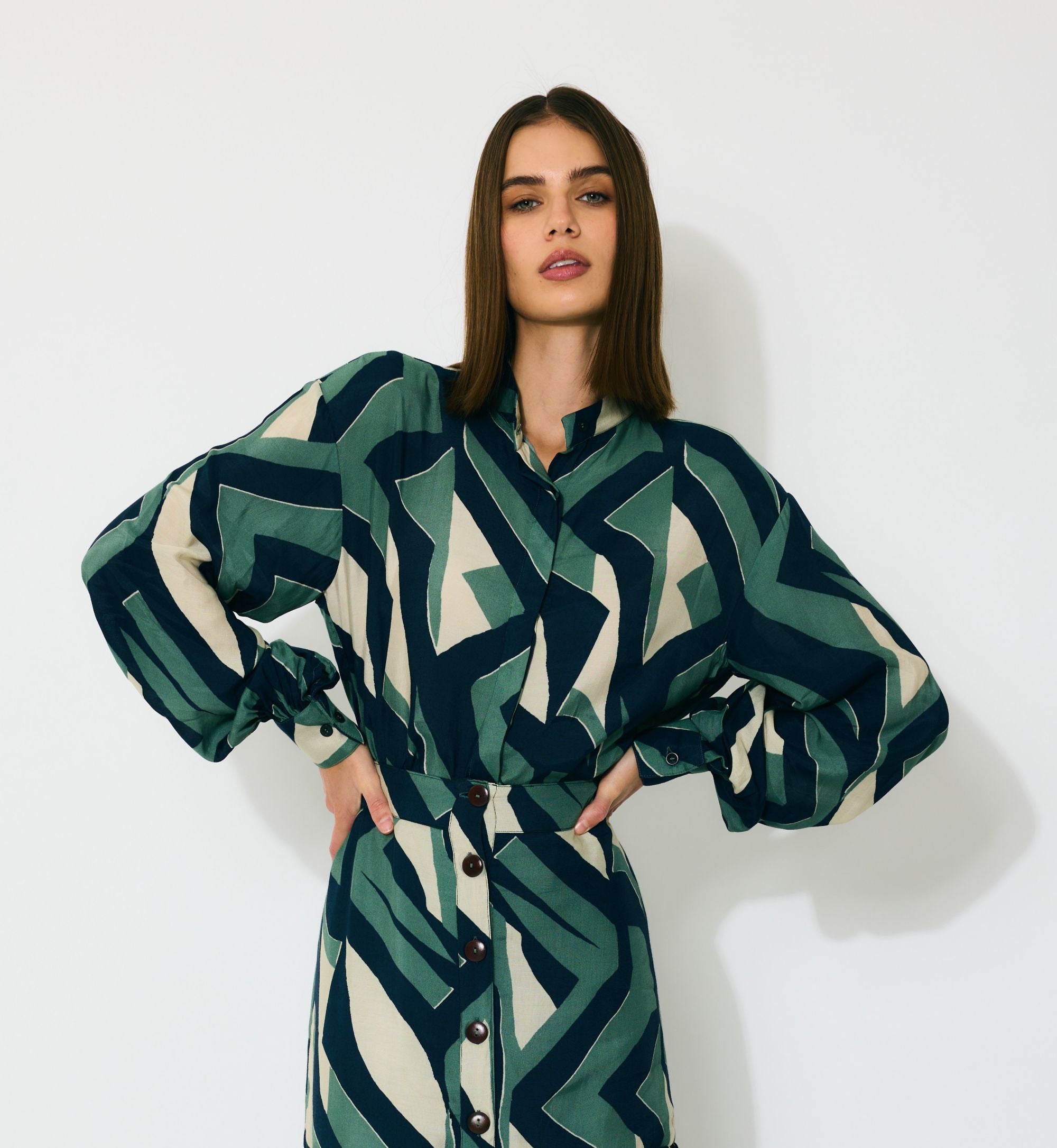 GREEN, INDIGO AND CREAM PATTERN SHIRT