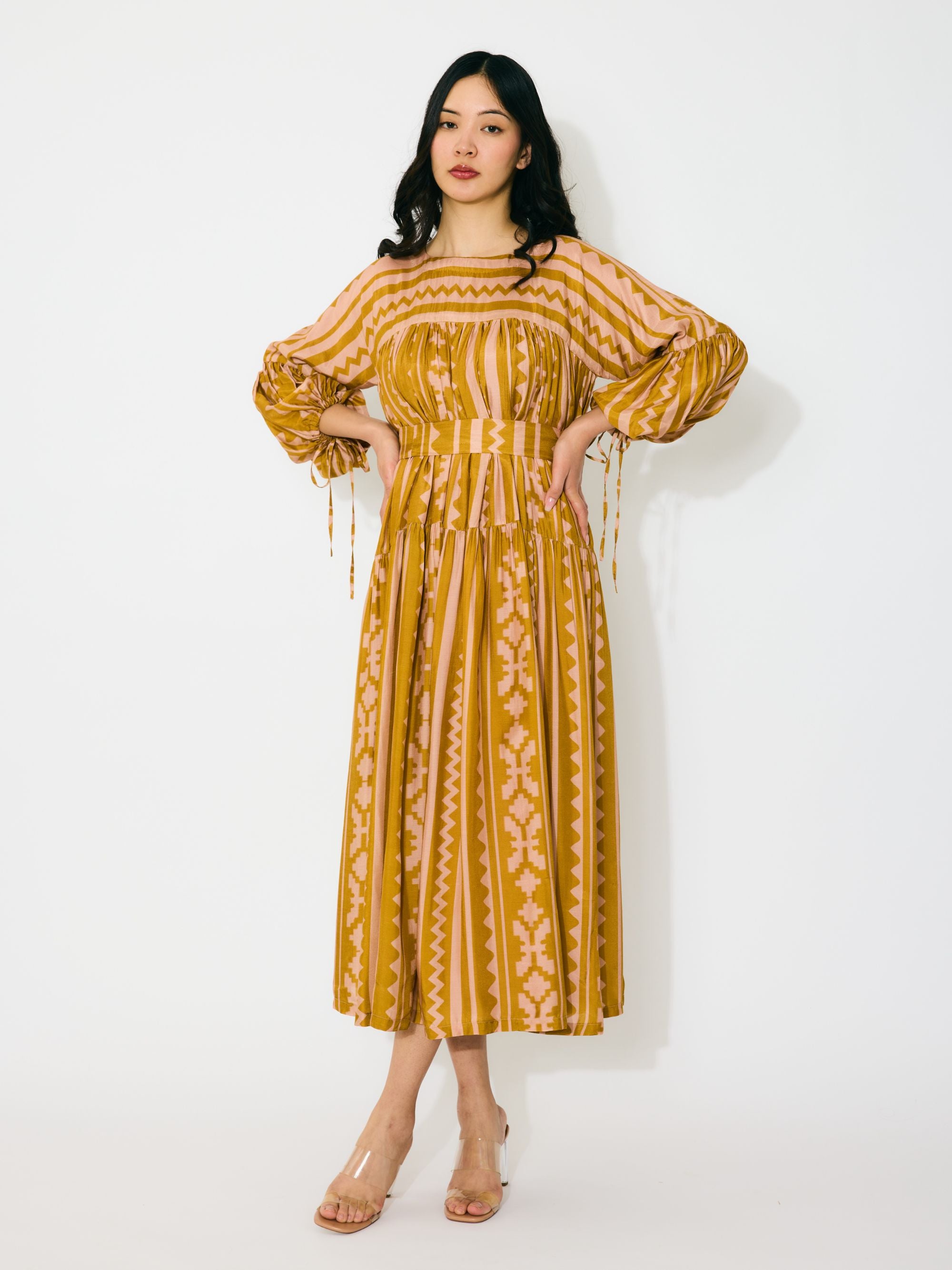 MUSTARD AND PEACH PATTERN MIDI DRESS