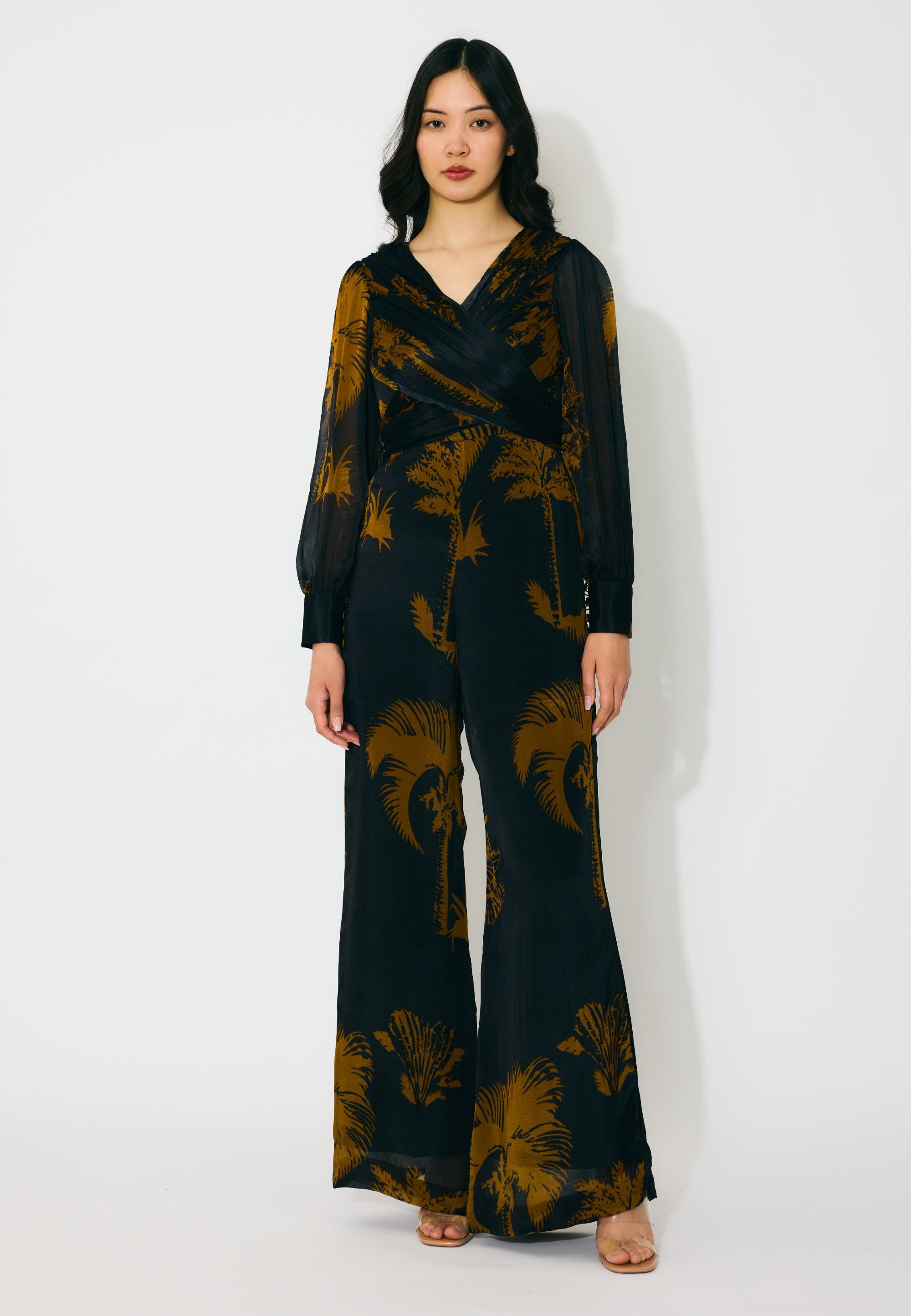 BLACK AND GOLD FLORAL WRAP JUMPSUIT