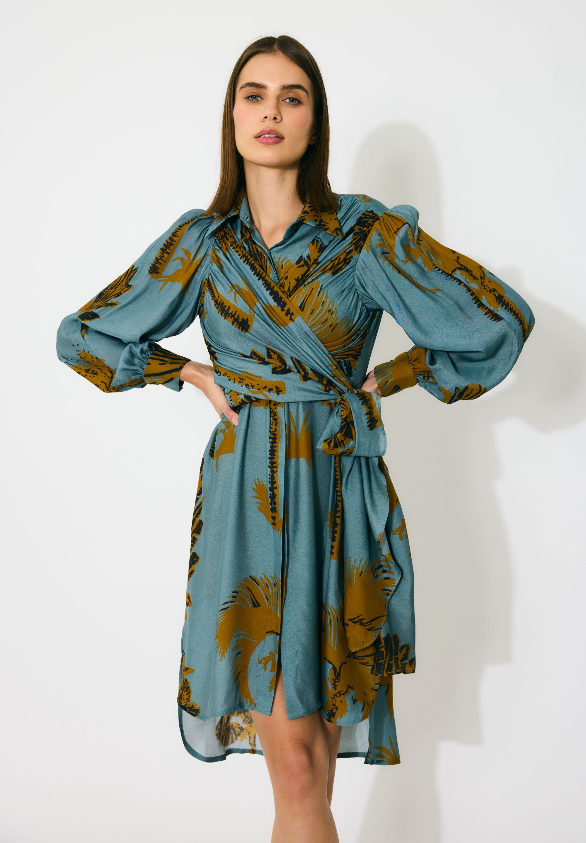 SKY BLUE AND MUSTARD FLORAL WRAP SHIRT DRESS