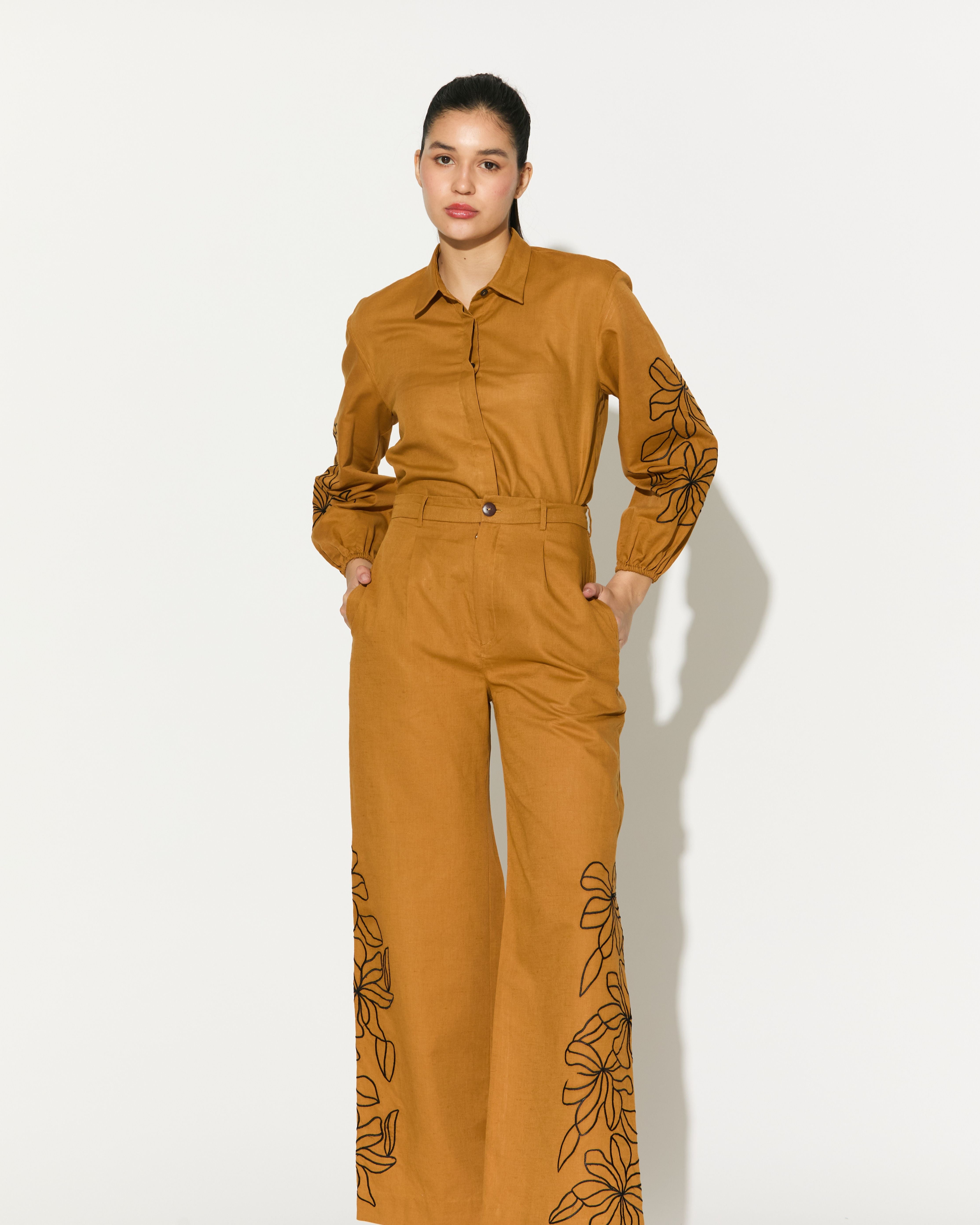 DARK MUSTARD EMBROIDERED PANTS