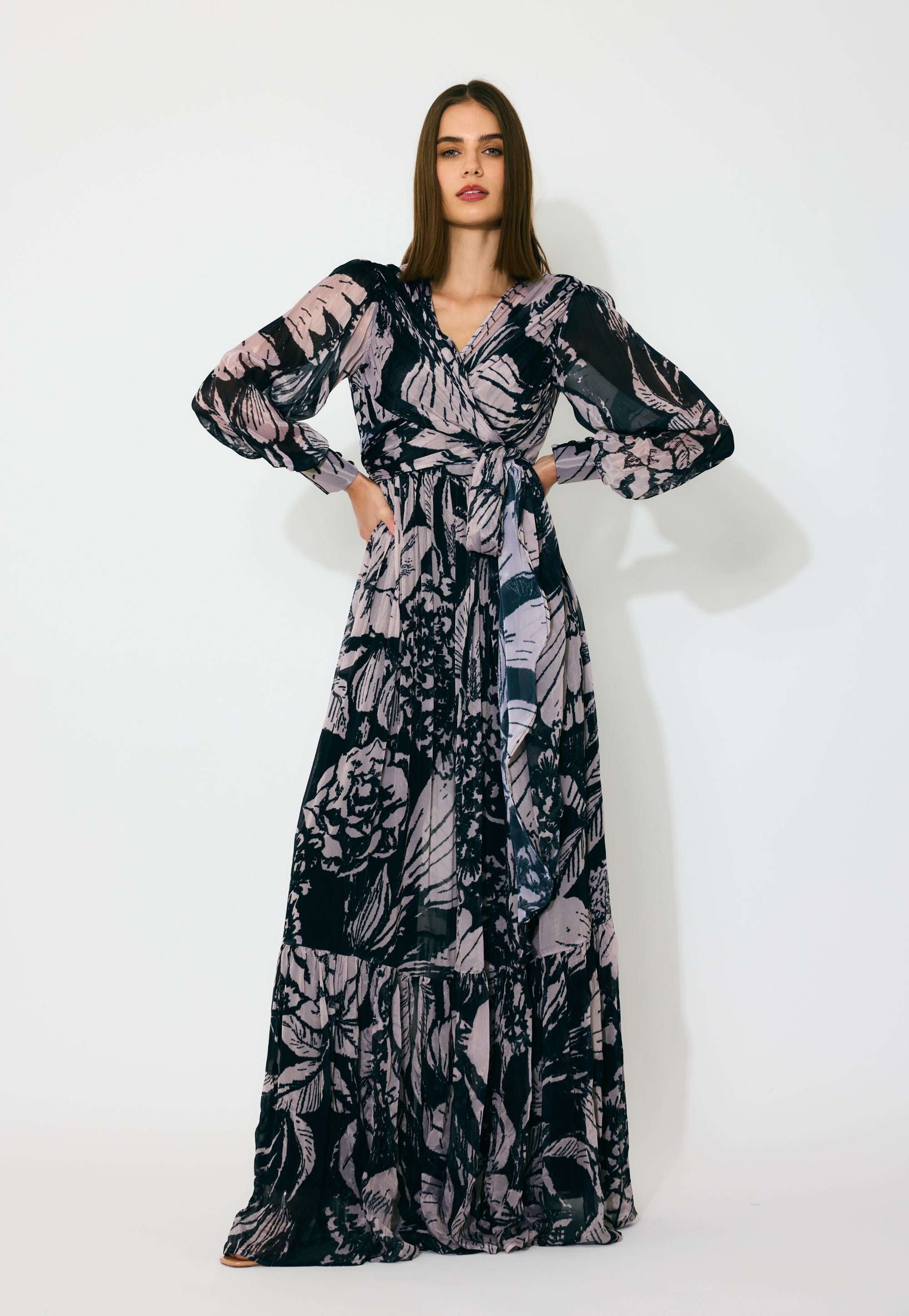 DARK BLUE AND DARK PEACH FLORAL WRAP DRESS
