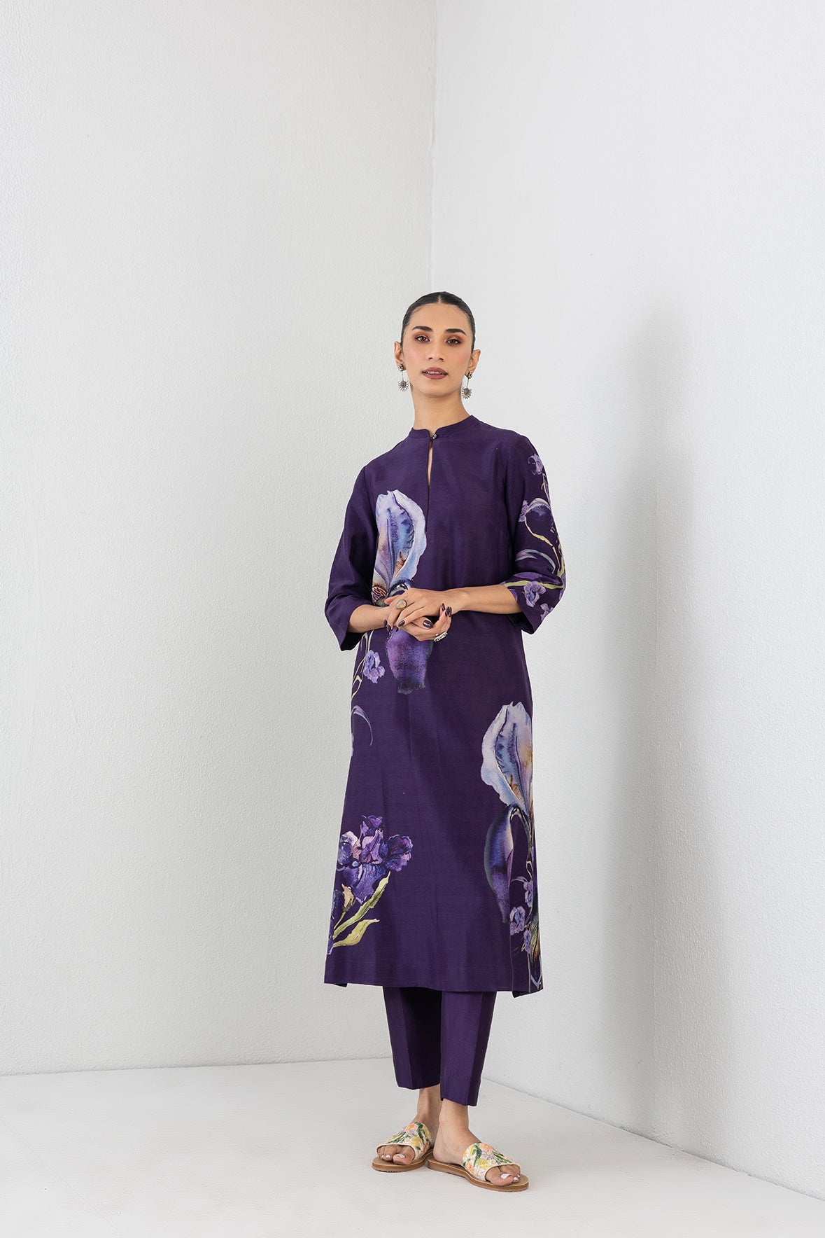 Violet Abyss Silk Chanderi Iris Lily Printed Tunic