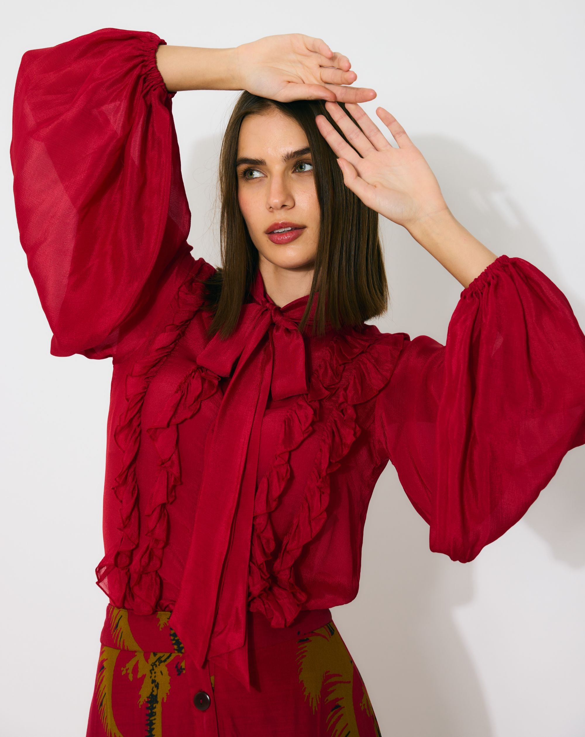 RED PLAIN FRILL TOP