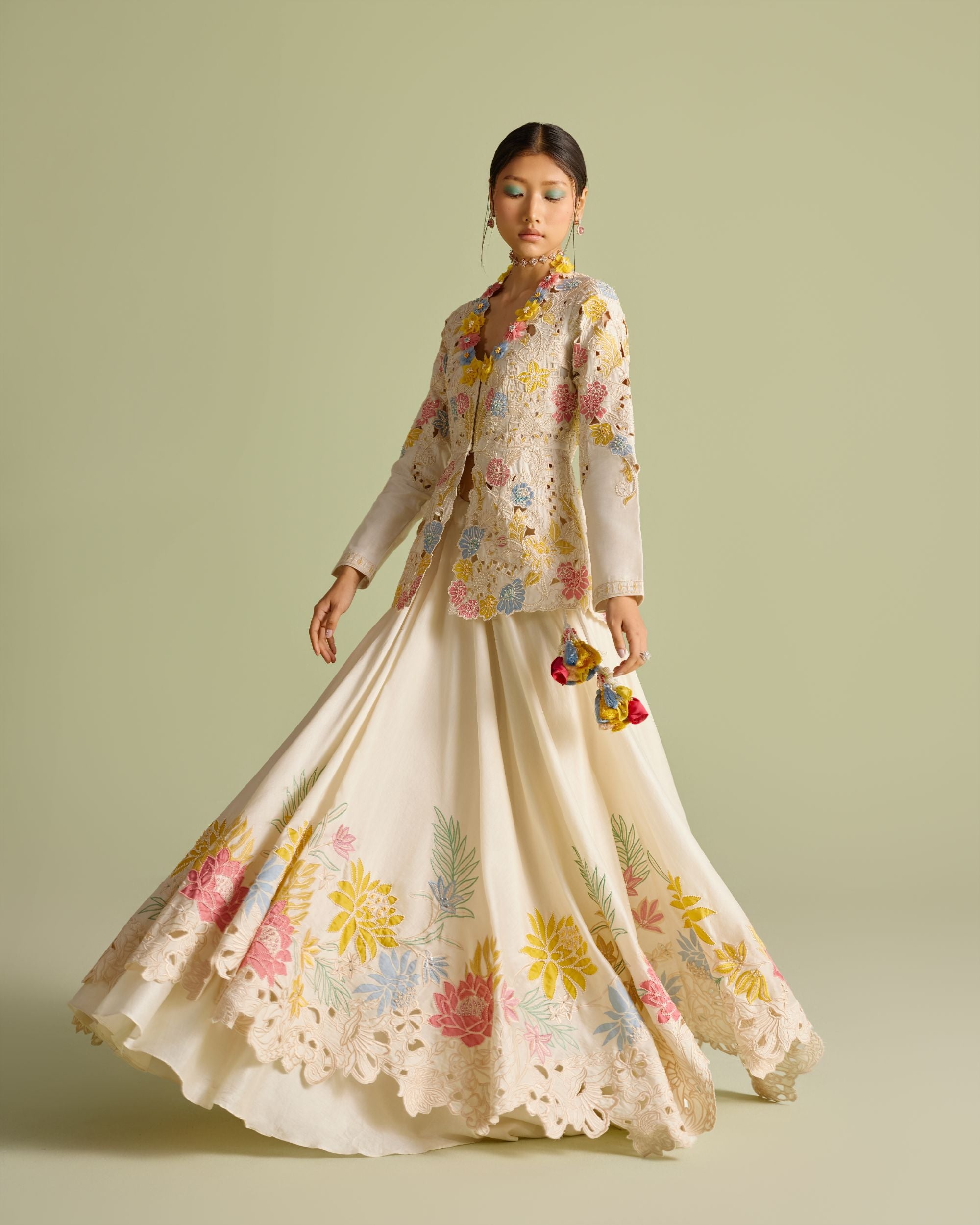 Ivory Pastel Embroiered Layered Lehenga